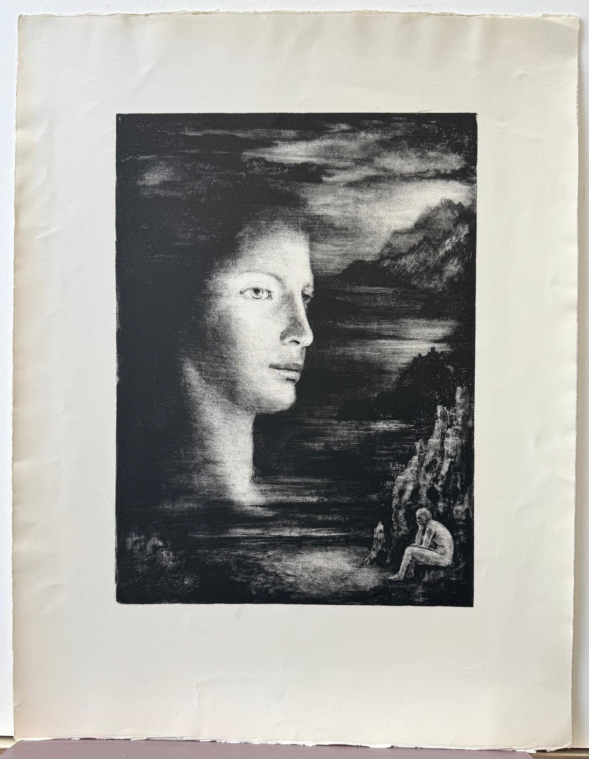 SOUVENIRS Original Stone Lithograph, Woman's Face Profile Surreal Dark Landscape For Sale 3