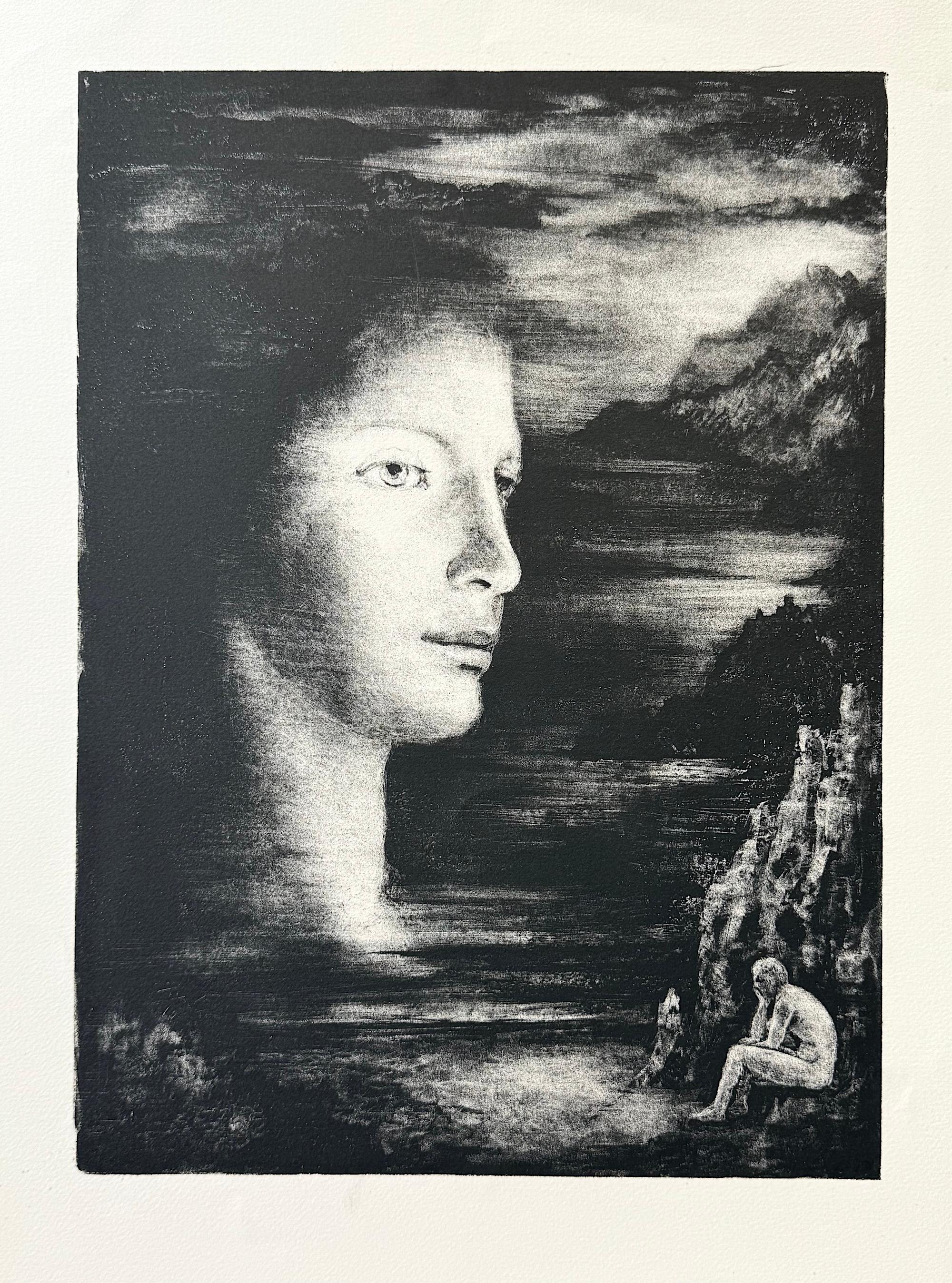 Unknown Portrait Print - SOUVENIRS Original Stone Lithograph, Woman's Face Profile Surreal Dark Landscape