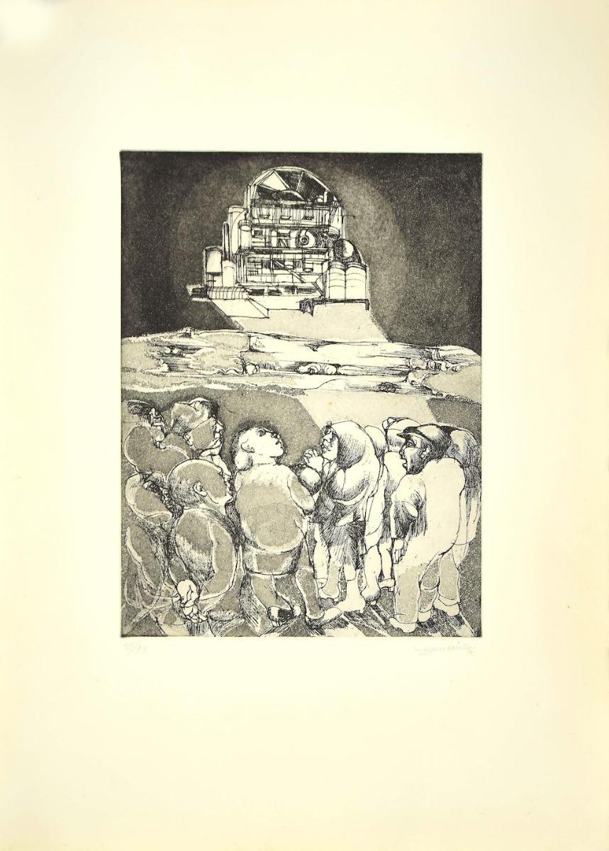 Unknown Figurative Print - Spaceship and Figures - Original Etching - Late 20th Century
