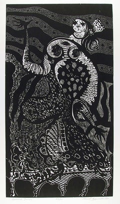 Spanish Dancer, Black, Surrealist Woodcut by Manuel Izqueirdo