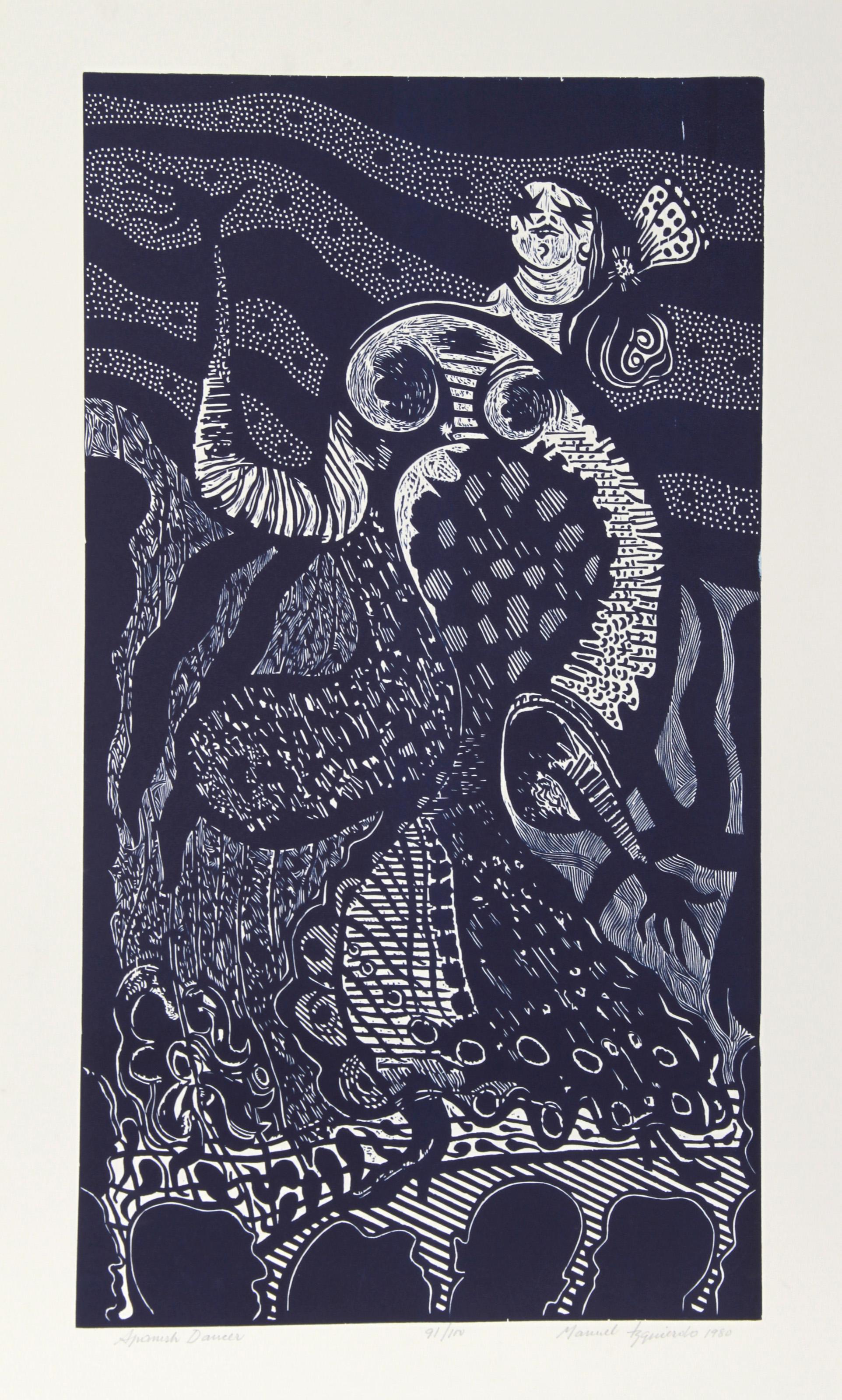 Spanish Dancer (Blue), Folk Art Woodcut by Manuel Izqueirdo