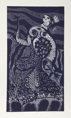 Spanish Dancer (Blue), Folk Art Woodcut by Manuel Izqueirdo