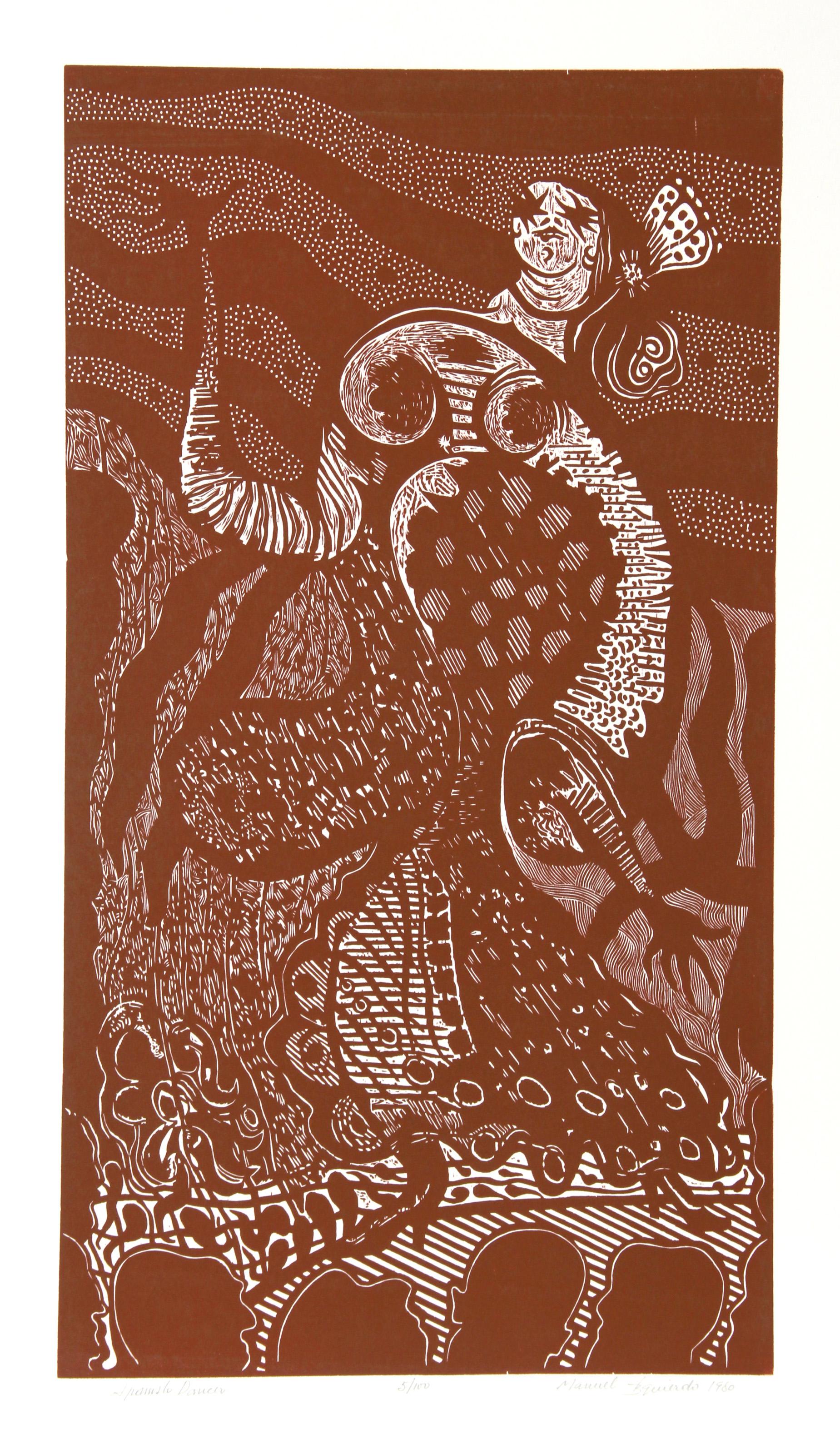 Unknown Figurative Print - Spanish Dancer (Red), Surrealist Woodcut by Manuel Izqueirdo