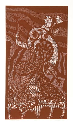 Spanische Tänzerin (rot), Surrealistischer Holzschnitt von Manuel Izqueirdo