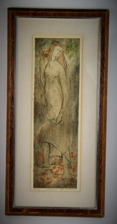Spring Colored Figurative Engraving Of a Woman and a Dove