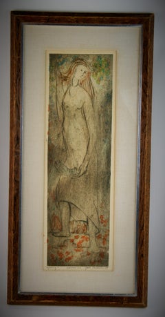Spring Colored Figurative Engraving Of a Woman and a Dove