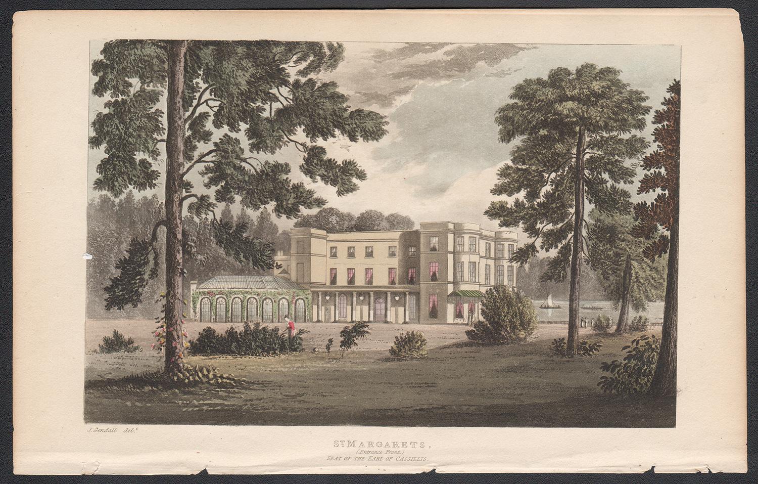 St Margarets, Isleworth, English Regency country house colour aquatint, 1818 - Print by Unknown