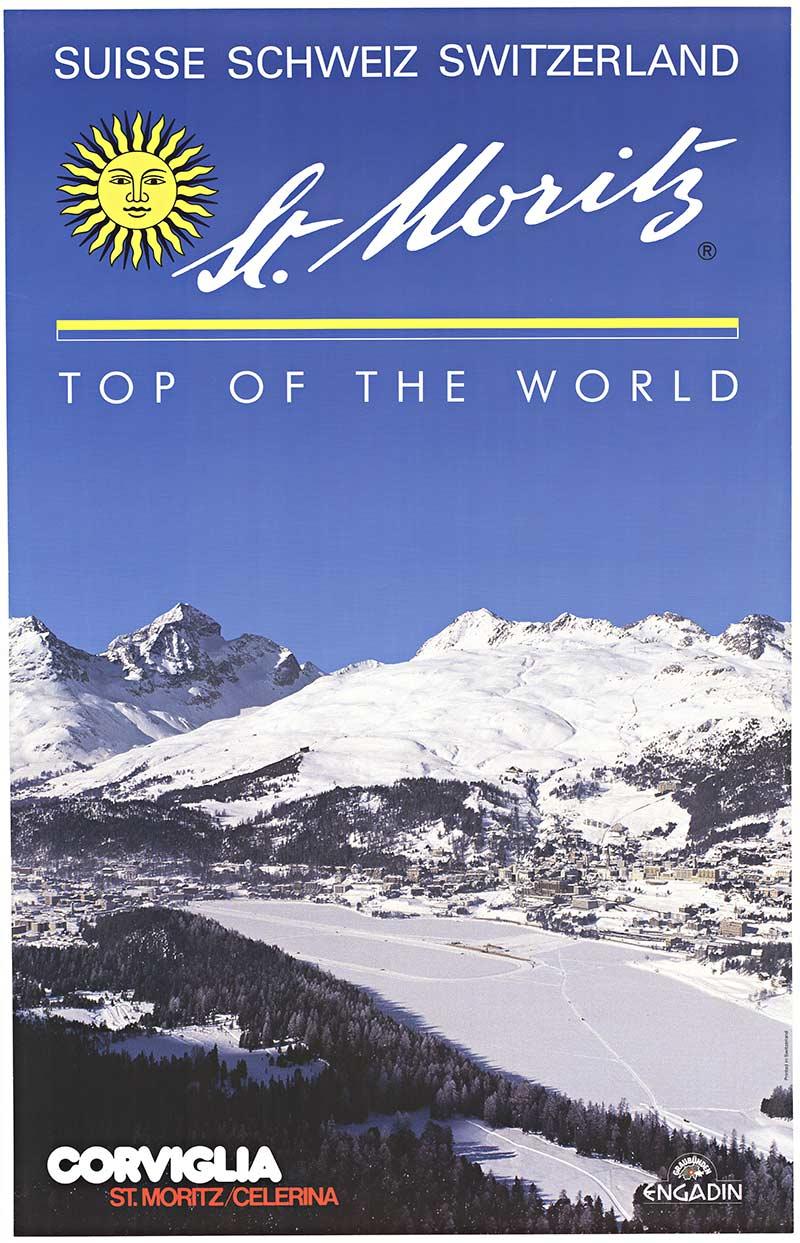 St. Moritz  Affiche de voyage vintage originale de la Suisse « Top of the World »