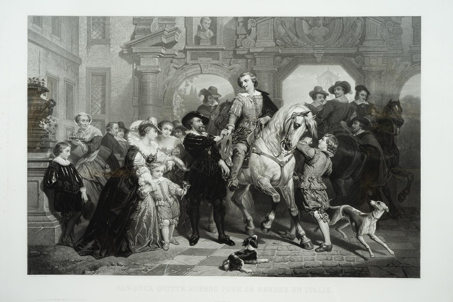 Antique print depicting Van Dick saying goodbye to Rubens on his way to Italy. - Print by Unknown