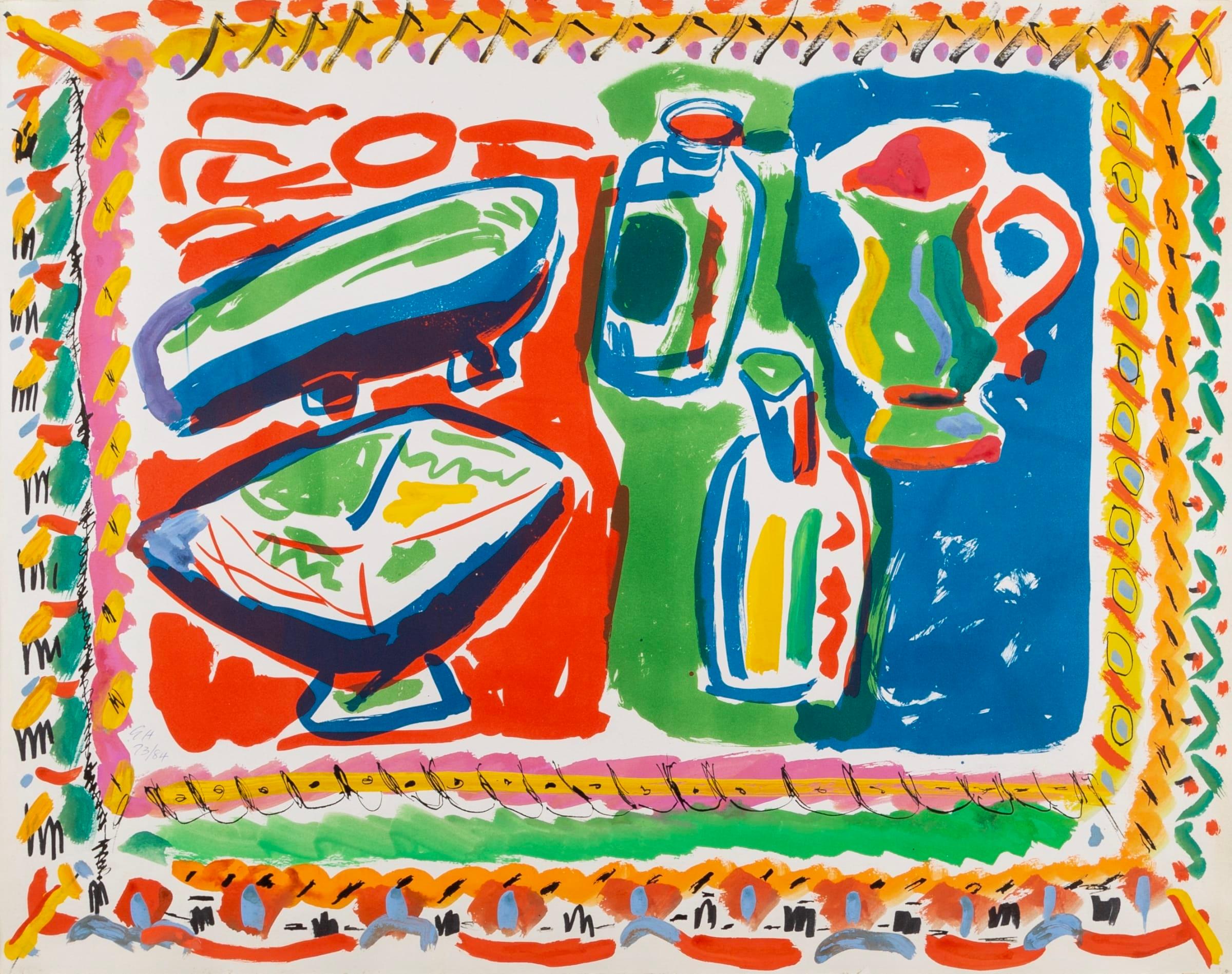 Natura morta con brocca, di George Hooper 1989

Informazioni aggiuntive:
Medium: acquerello su serigrafia
58 x 74 cm
22 7/8 x 29 1/8 pollici
firmata con le iniziali e numerata 73/84 a matita



