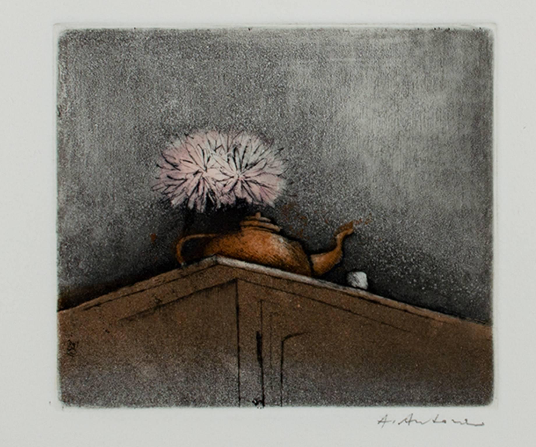Unknown Still-Life Print - "Still Life with Teapot, New Year's Edition, " Original Aquatint by A. Antonni