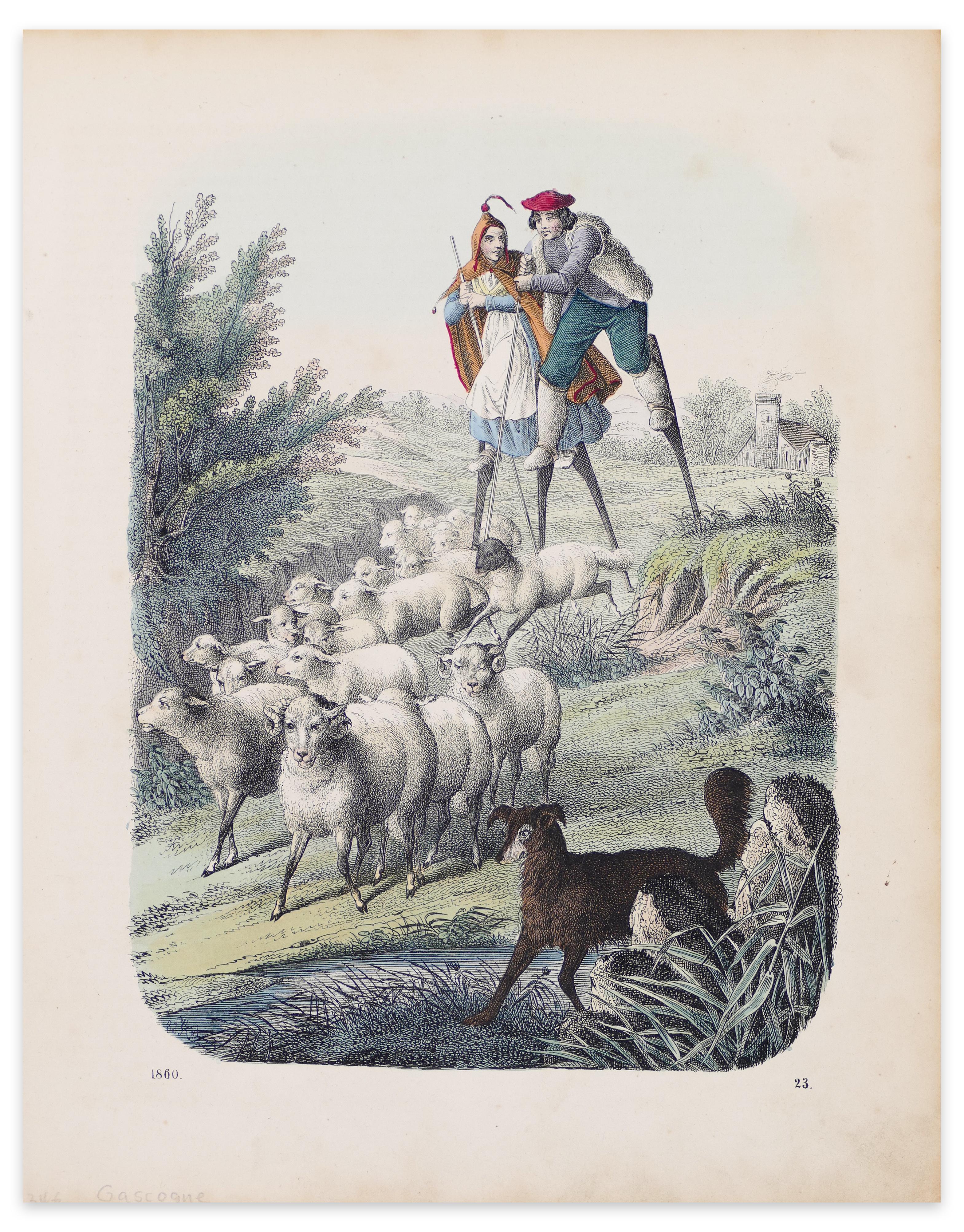 Unknown Animal Print - Stilt-Walking Shepherds - Original Lithograph - 1860