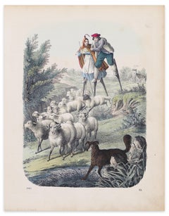 Pastori che passeggiano - Litografia originale - 1860