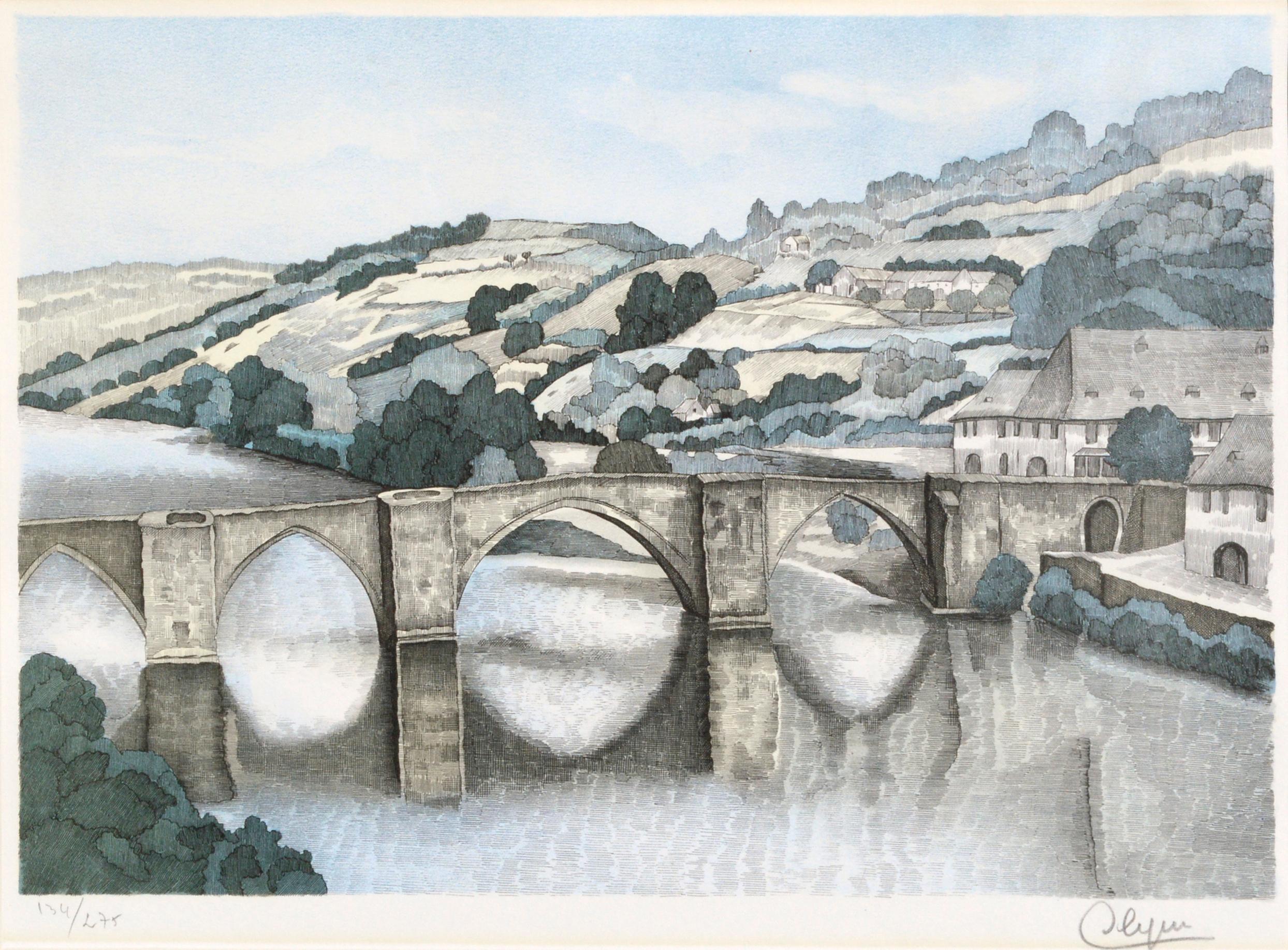 Stone Bridge Landscape, Mid Century Hand Colored Lithograph - Print by Unknown
