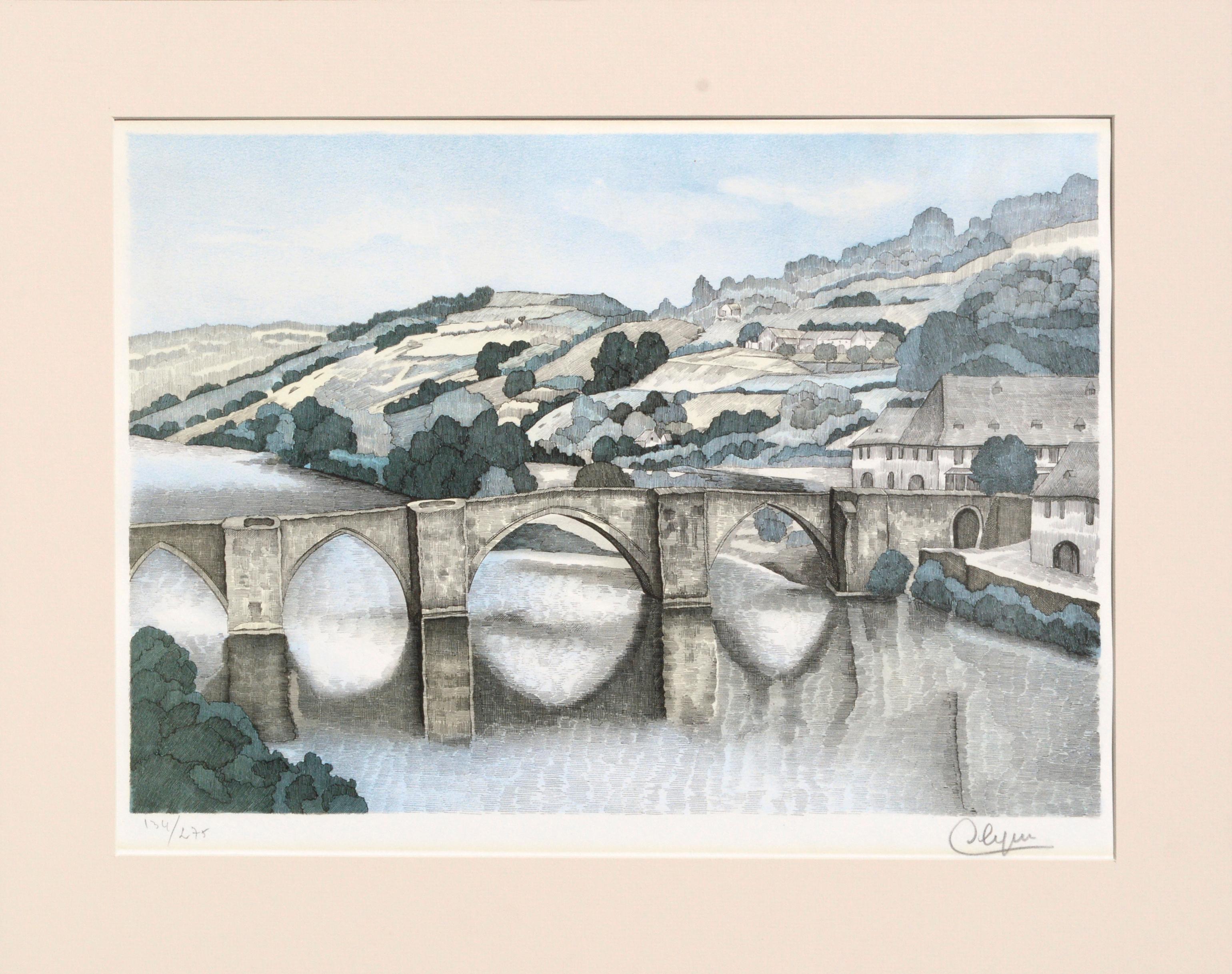 Landscape Print de Unknown - Paisaje del Puente de Piedra, Litografía coloreada a mano de mediados de siglo