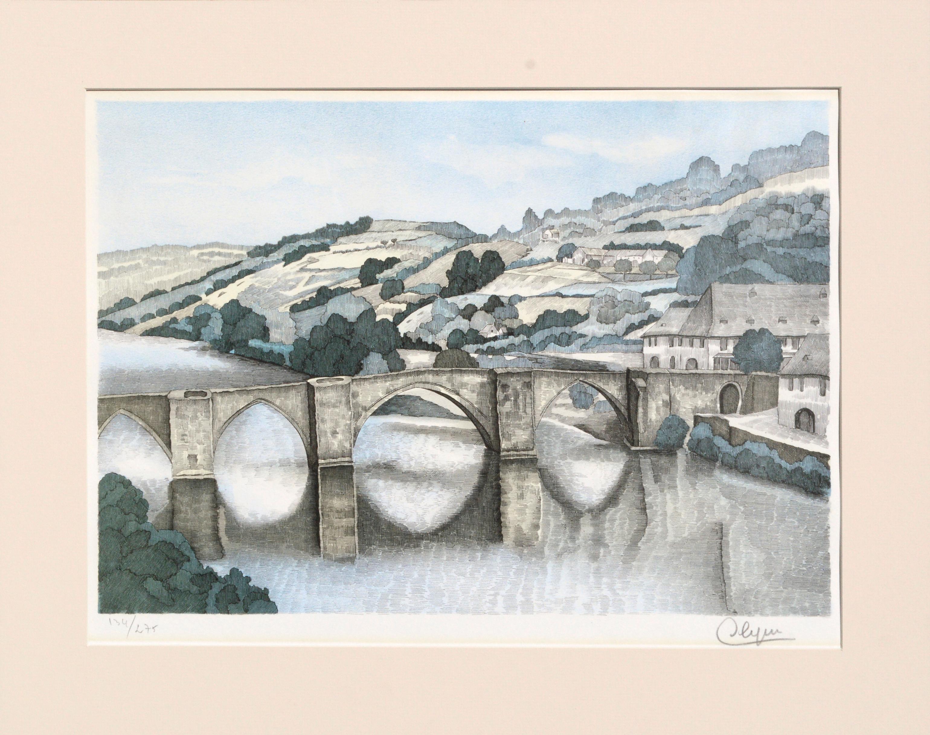 Unknown Landscape Print - Stone Bridge Landscape, Mid Century Hand Colored Lithograph