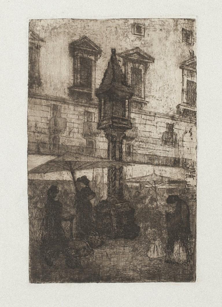 Unknown Figurative Print - Street Lamp - Original Etching on Paper - 1880