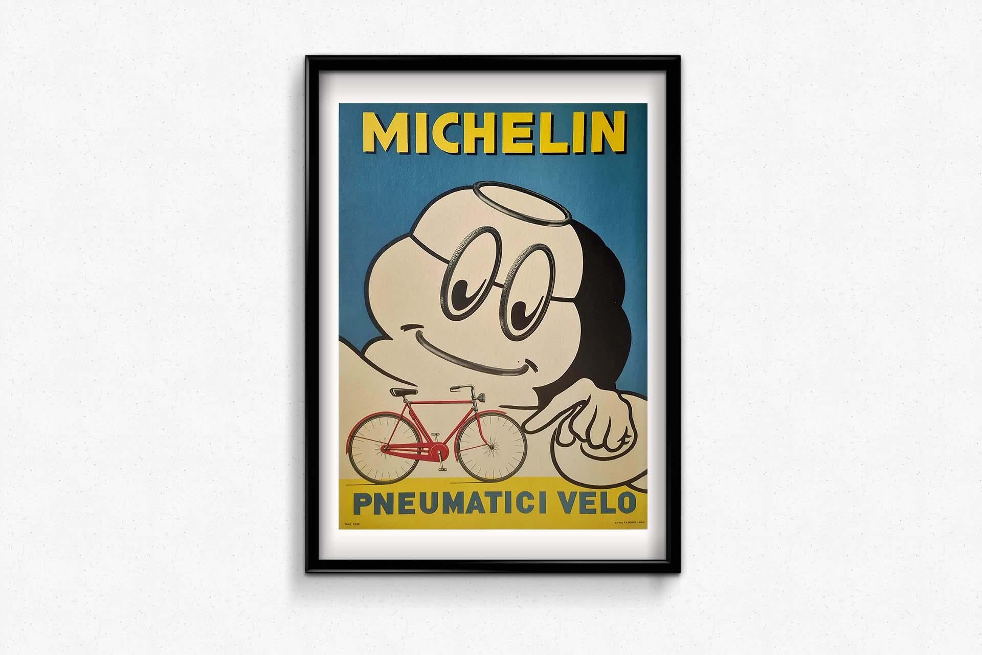 Um 1960 produzierte der renommierte französische Reifenhersteller Michelin ein auffälliges Werbeplakat für seine Produktlinie Pneumatici Velo. Dieses Plakat veranschaulicht das Engagement der Marke, innovatives Design mit effektiven