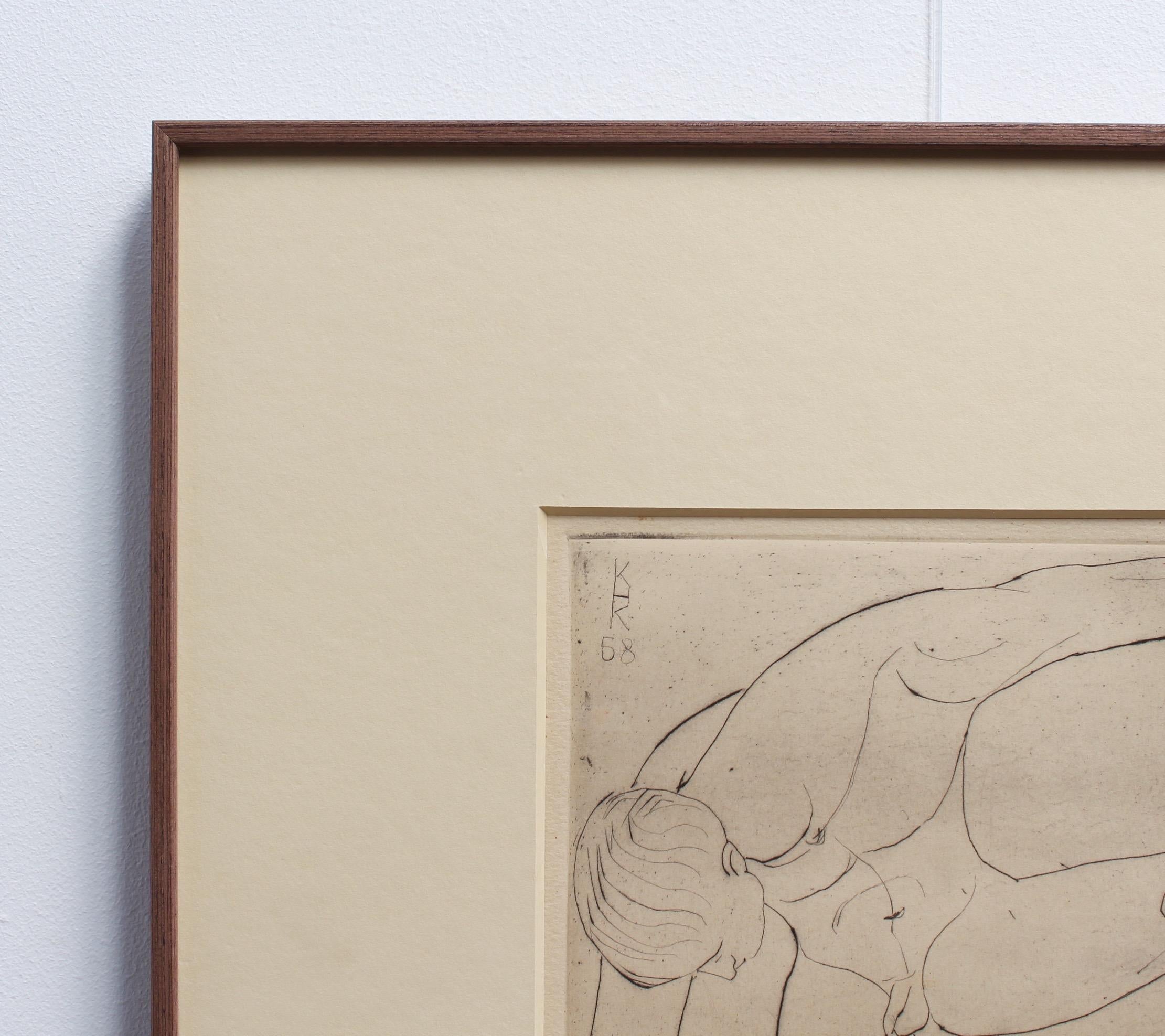'Study of a Nude Young Man' by KHK, 1958, Mid-Century Etching of Male Nude - Brown Nude Print by Unknown