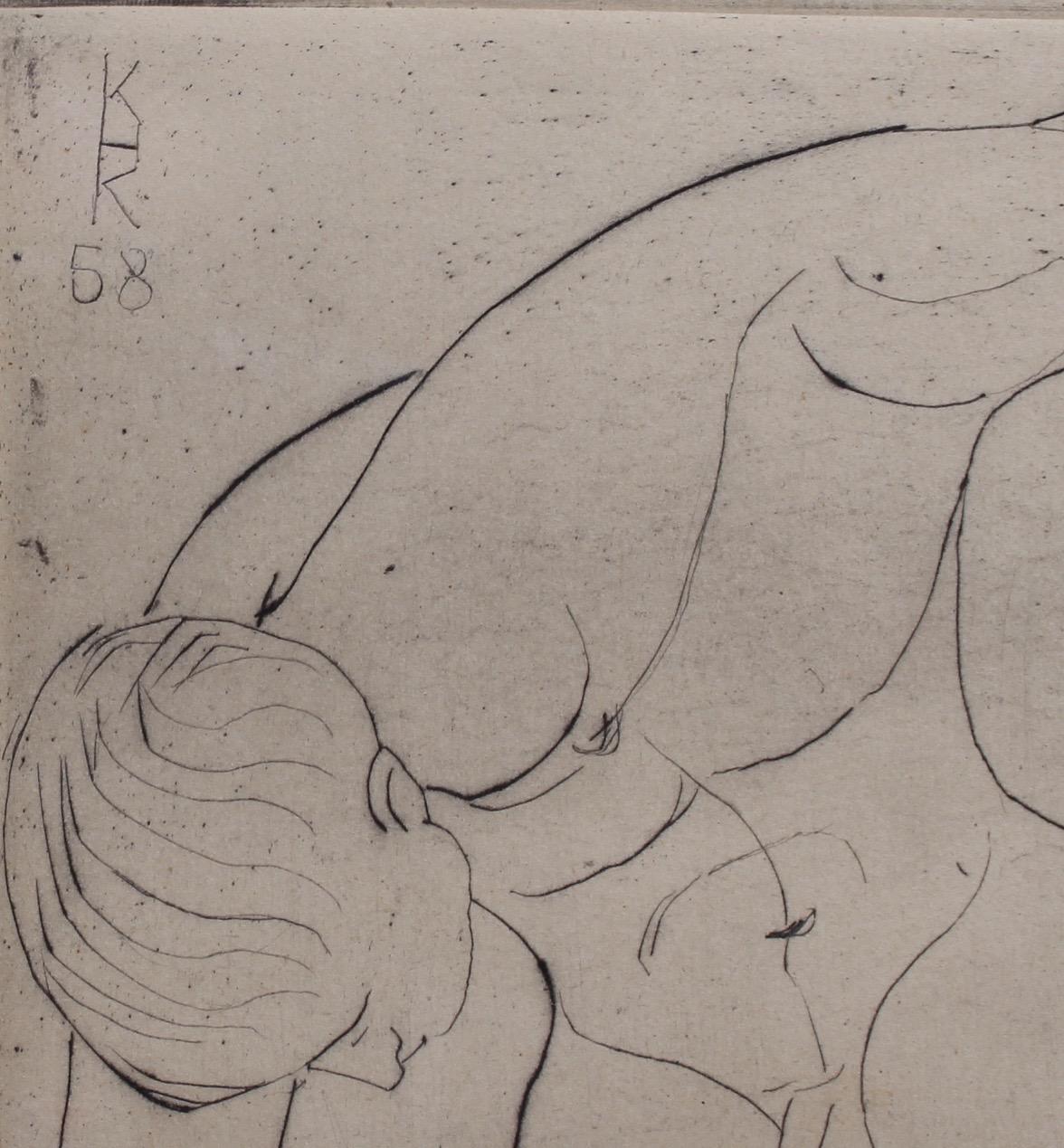 'Study of a Nude Young Man', etching on fine paper, by an artist with initials KHK (1958). Artists always appreciate models with 'presence'. 'Presence' is that intangible quality which combines personality, poise and self-assurance. A nude model