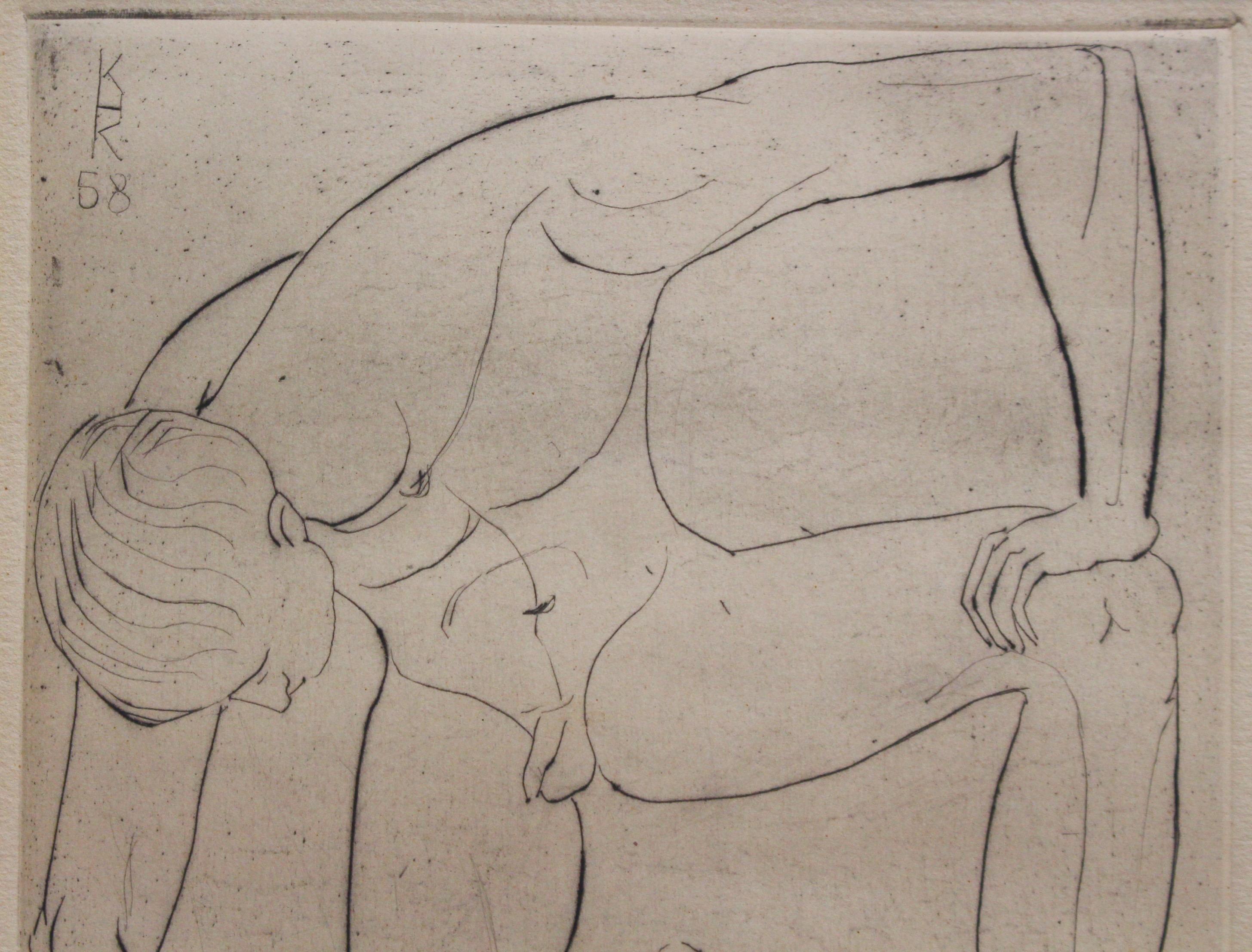 'Study of a Nude Young Man' by KHK, 1958, Mid-Century Etching of Male Nude 2