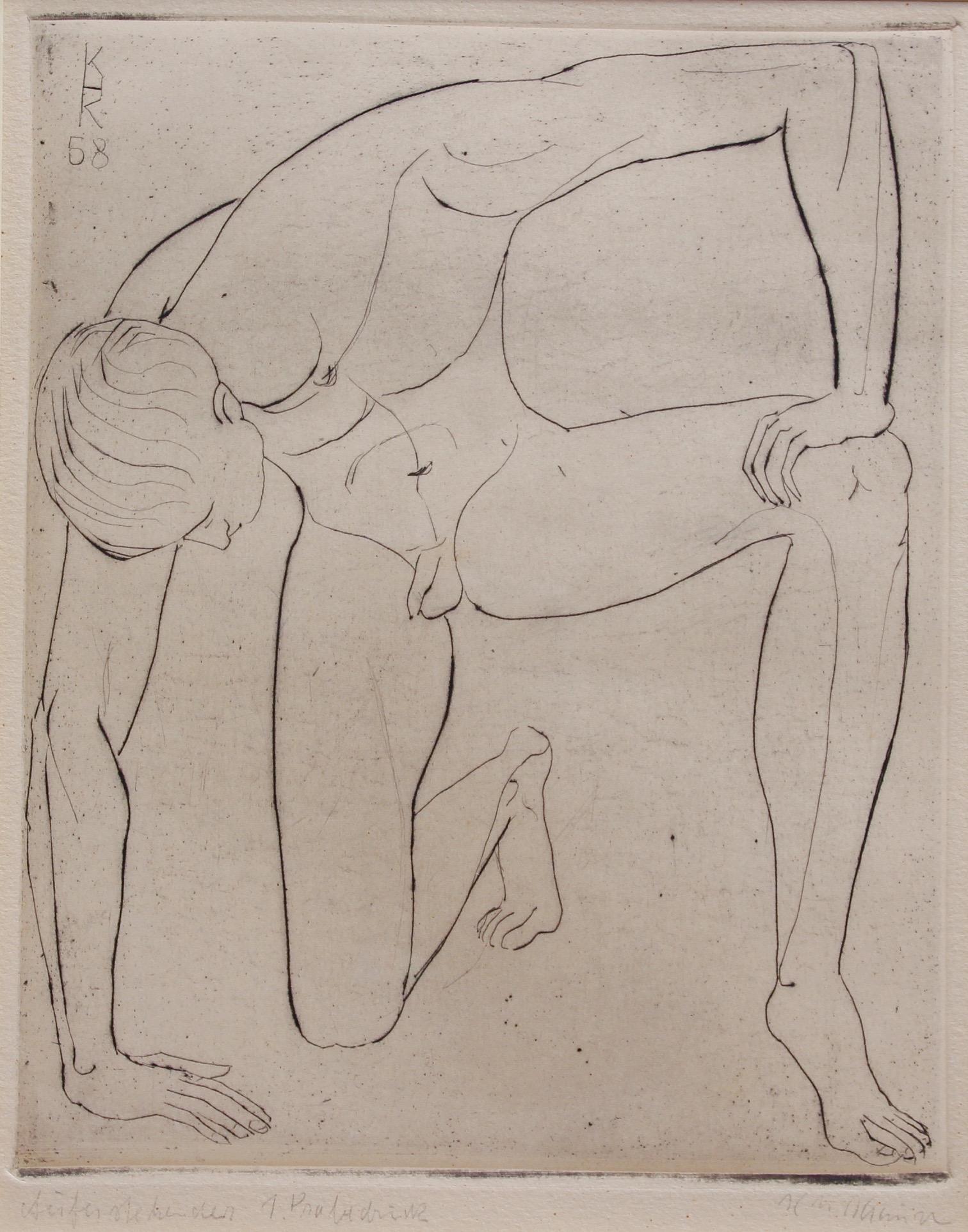 Unknown Nude Print - 'Study of a Nude Young Man' by KHK, 1958, Mid-Century Etching of Male Nude