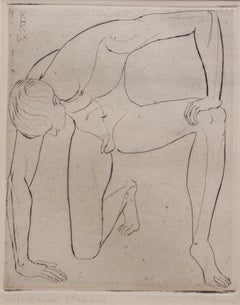 'Study of a Nude Young Man' by KHK, 1958, Mid-Century Etching of Male Nude