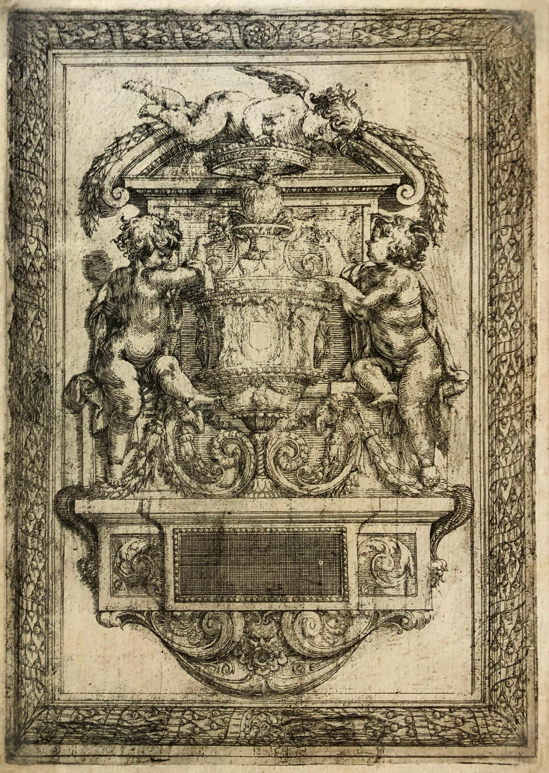 Unknown Figurative Print - Study of an architectural devotional with a Sacred Heart and three Putti