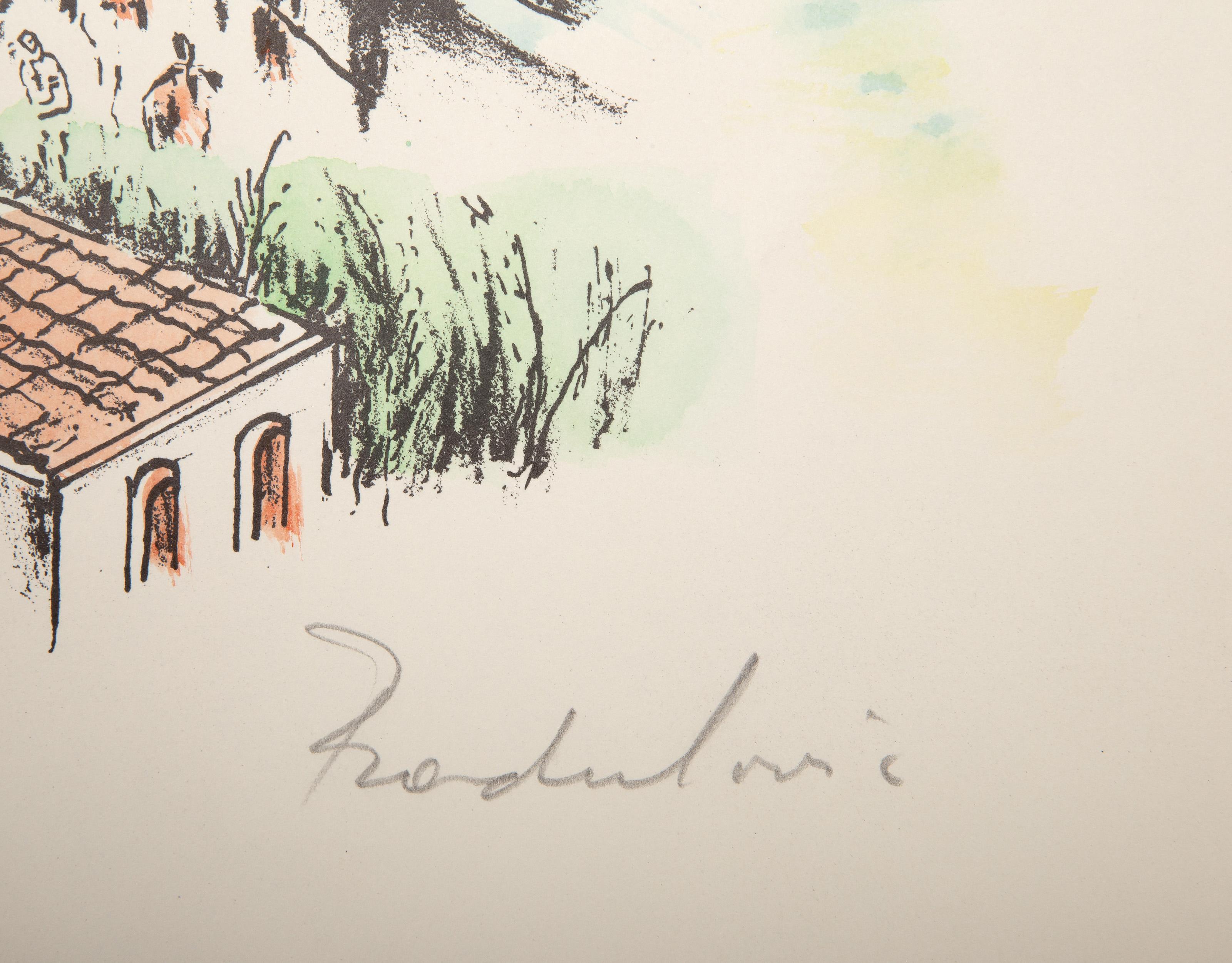 Sveti Stefan, Yugoslavia, Impressionist Hand Colored Lithograph - Beige Landscape Print by Savo Radulovic