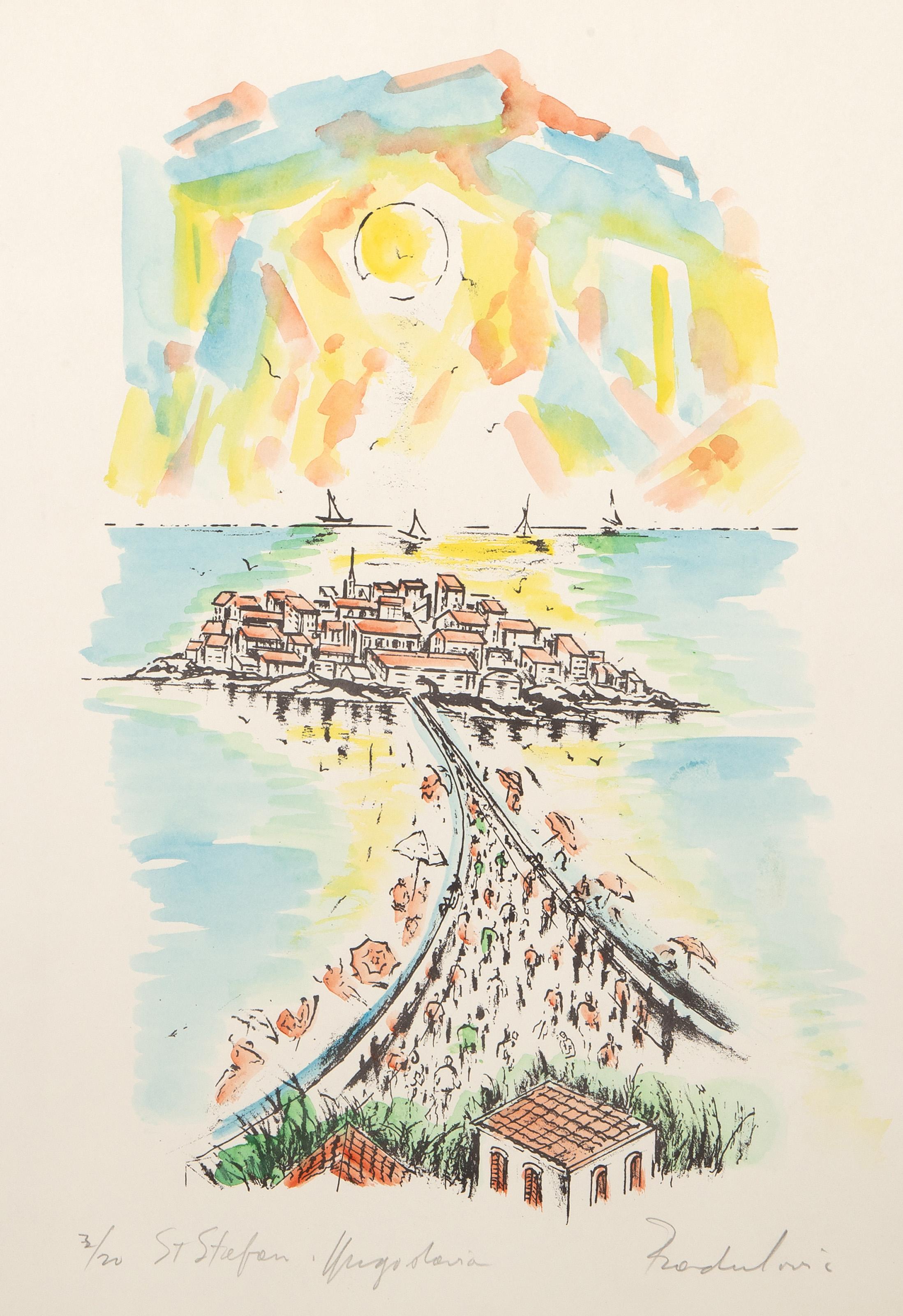 Savo Radulovic Landscape Print - Sveti Stefan, Yugoslavia, Impressionist Hand Colored Lithograph