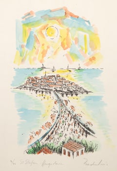 Sveti Stefan, Yugoslavia, Impressionist Hand Colored Lithograph