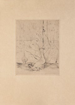 Antique Swan - Original Etching on Paper - 19th Century