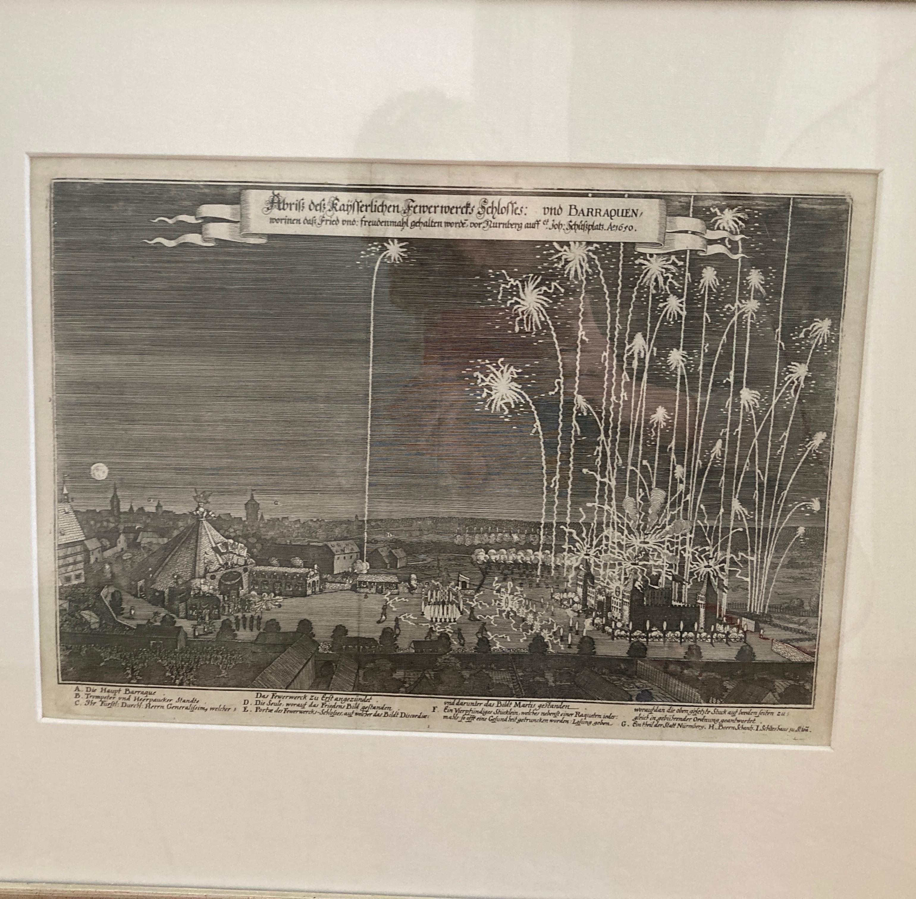 Swedish Fireworks. Anno 1650 - Emperor Peace Fireworks Nuremberg Engraving - Print by Unknown