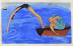 Swimmers / Woodcut Hand Colored in Tempera on Paper - Art Deco - 1920s