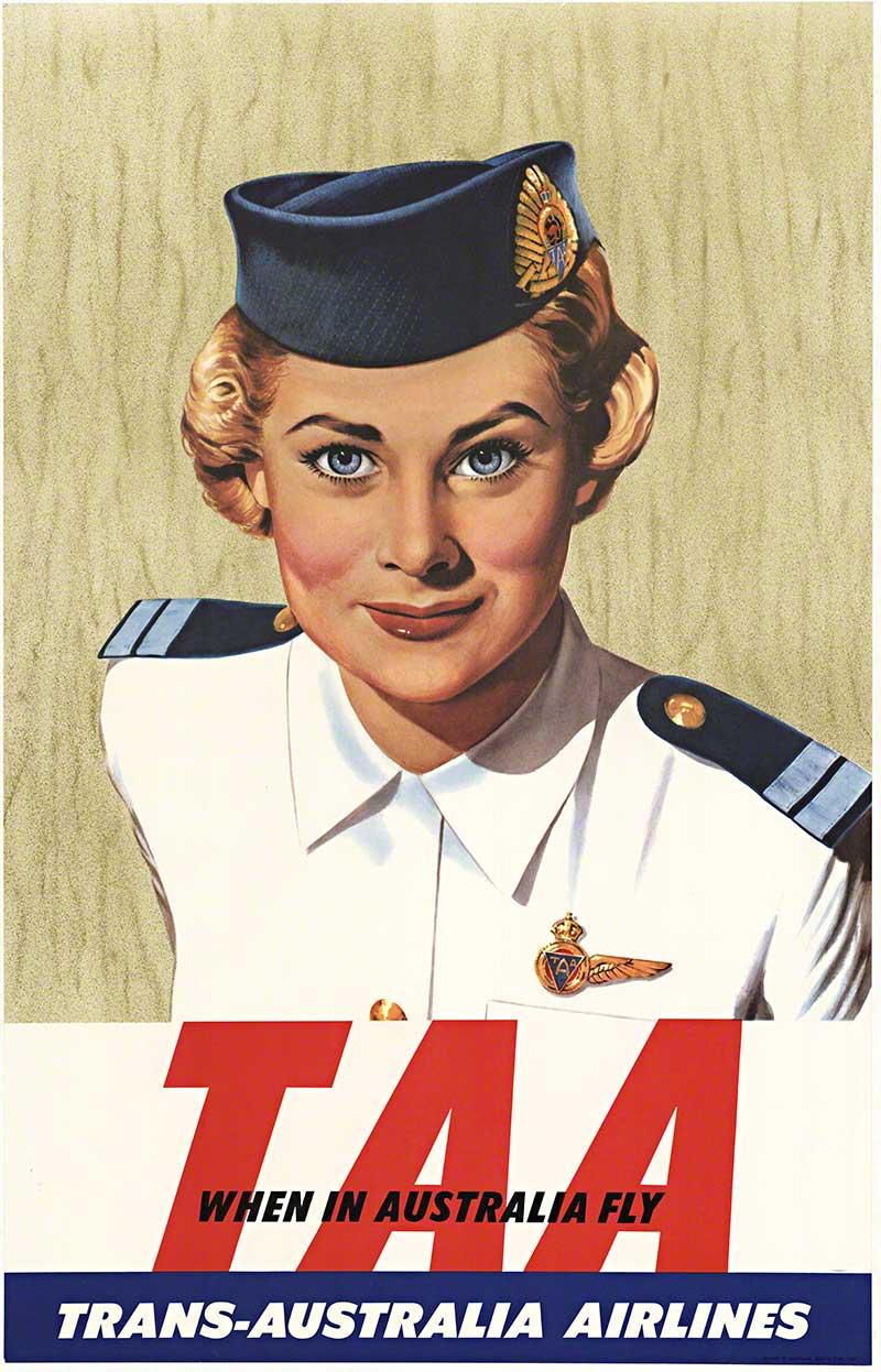 TAA Trans-Australia Airlines cartel de viaje original de época