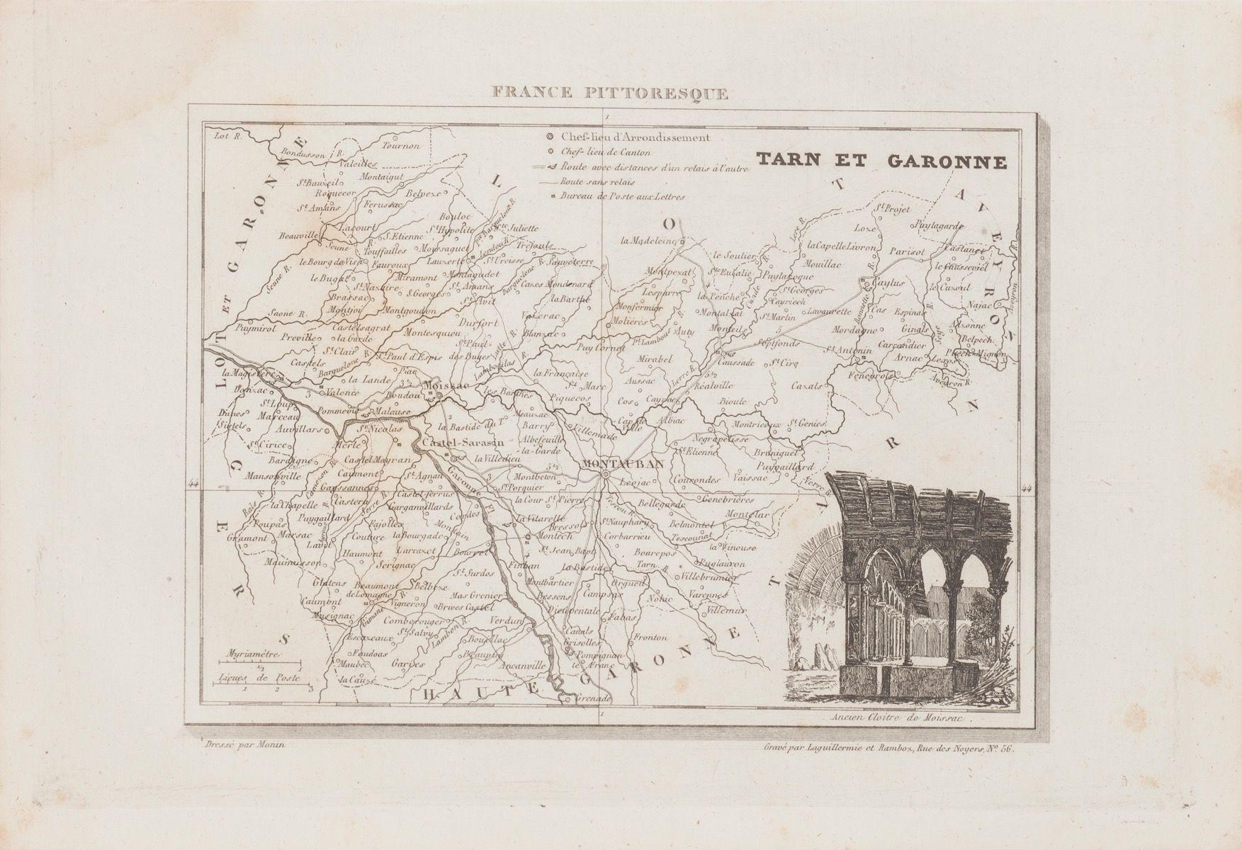 Carte de la région de Tarn et Garonne - Lithographie originale - 19ème siècle