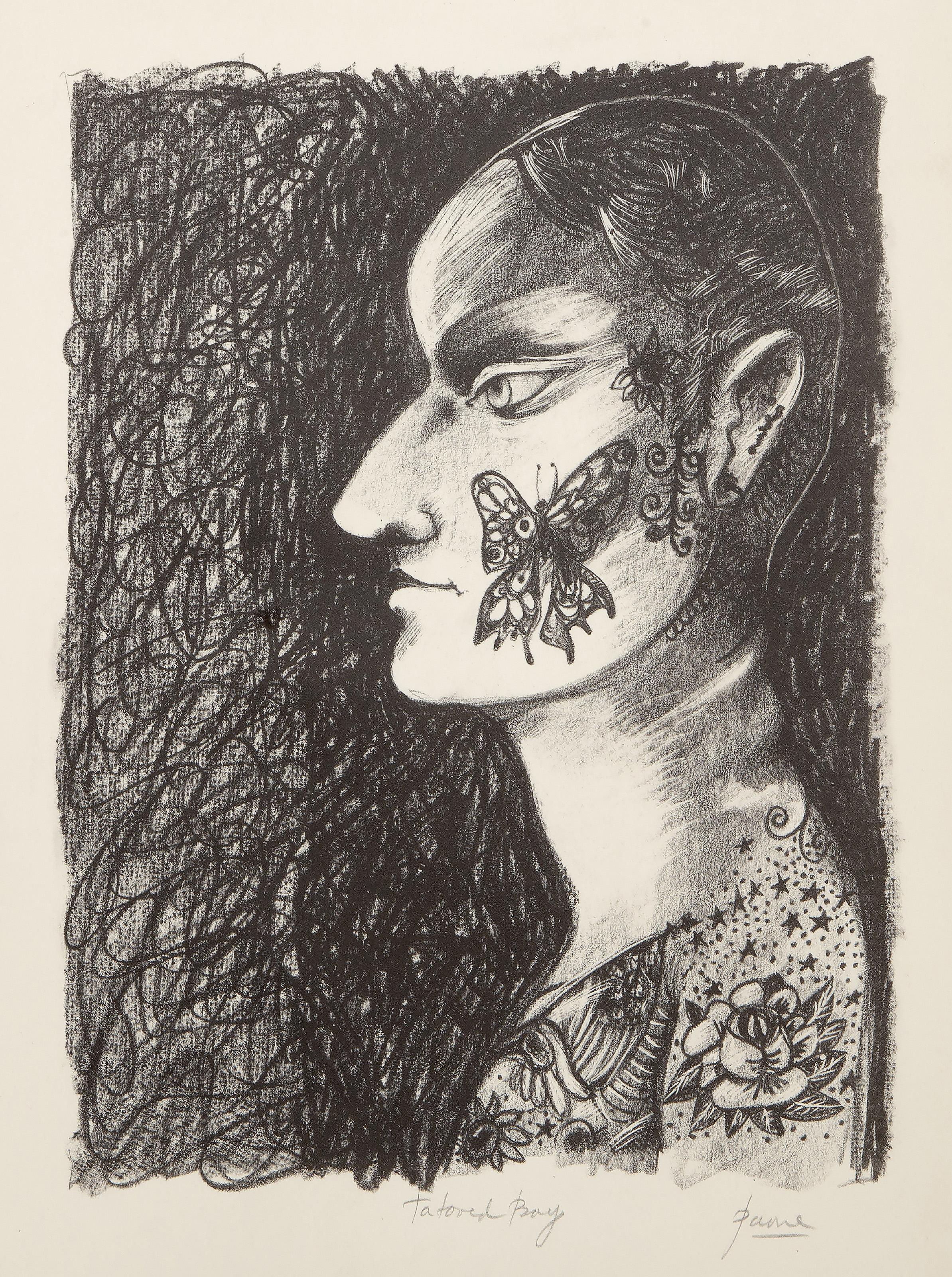 Portrait Print di Peter Paone - Ragazzo tatuato, litografia surrealista di Peters Paone