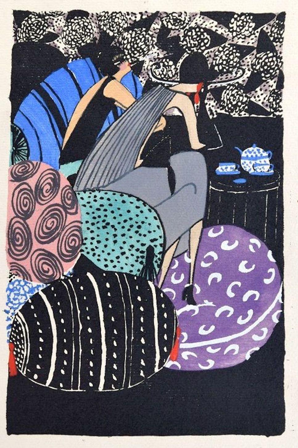 Unknown Figurative Print - Tea Time / Woodcut Hand Colored in Tempera on Paper - Art Deco - 1920s