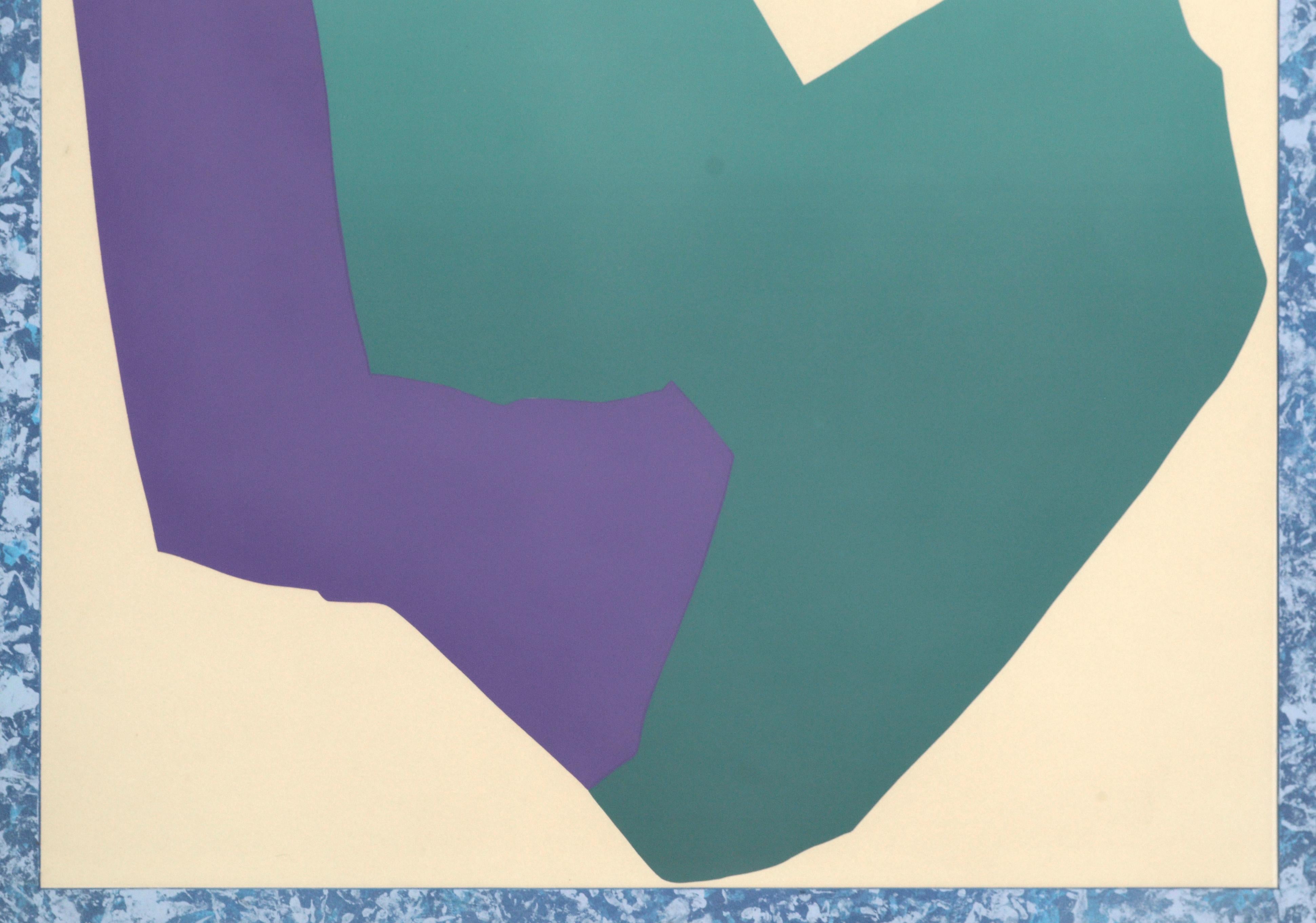 Bold geometric screen print with purple and teal composition by an unknown artist (American, 20th Century). Texture has been added with impressions in the upper right corner. Presented in a green frame with a blue and white mat. Unsigned. Image