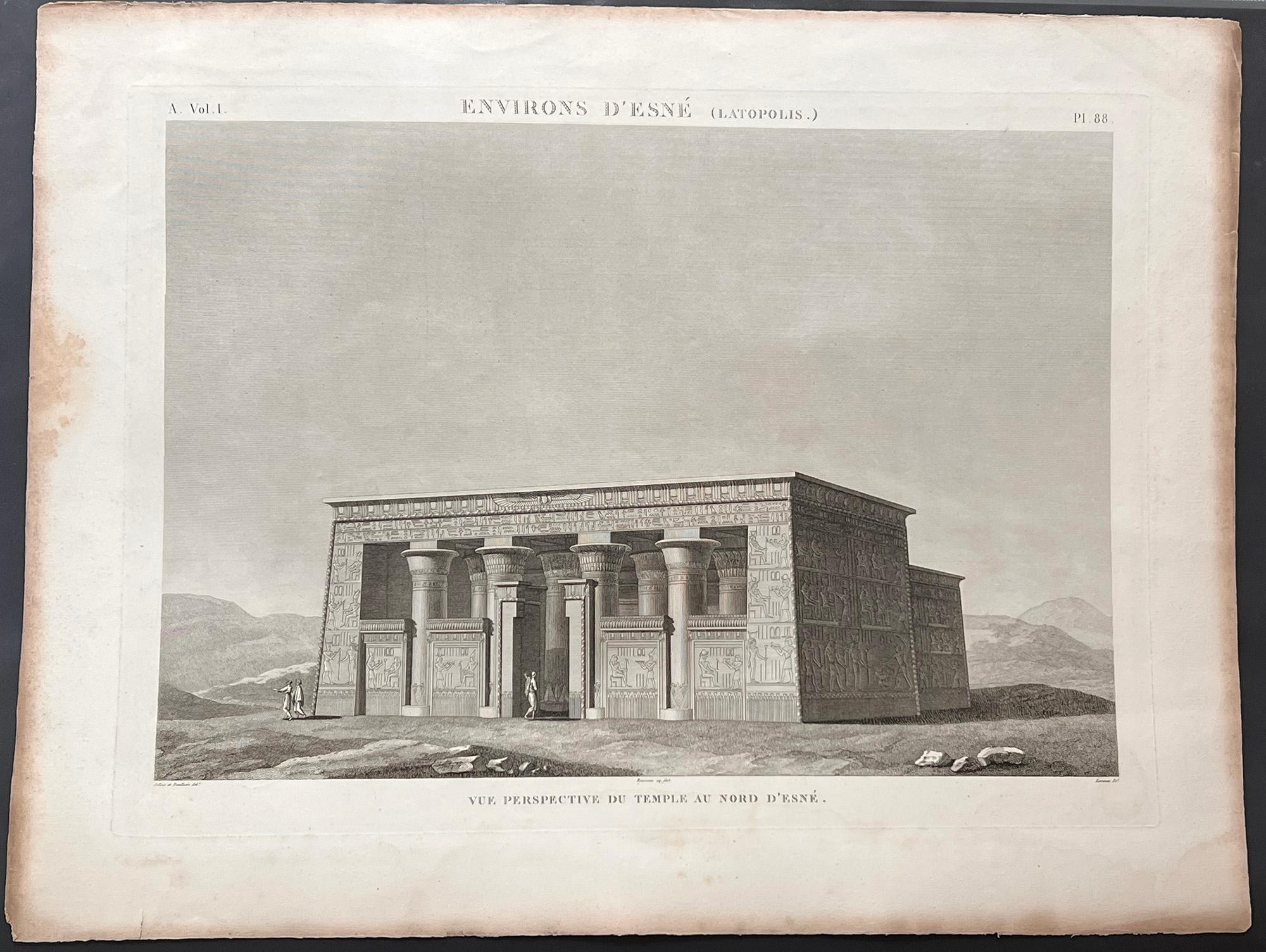 Templo de Esne, Egipto. Grabado de la Descripción de Egipto de Napoleón, 1820 - Print de Unknown