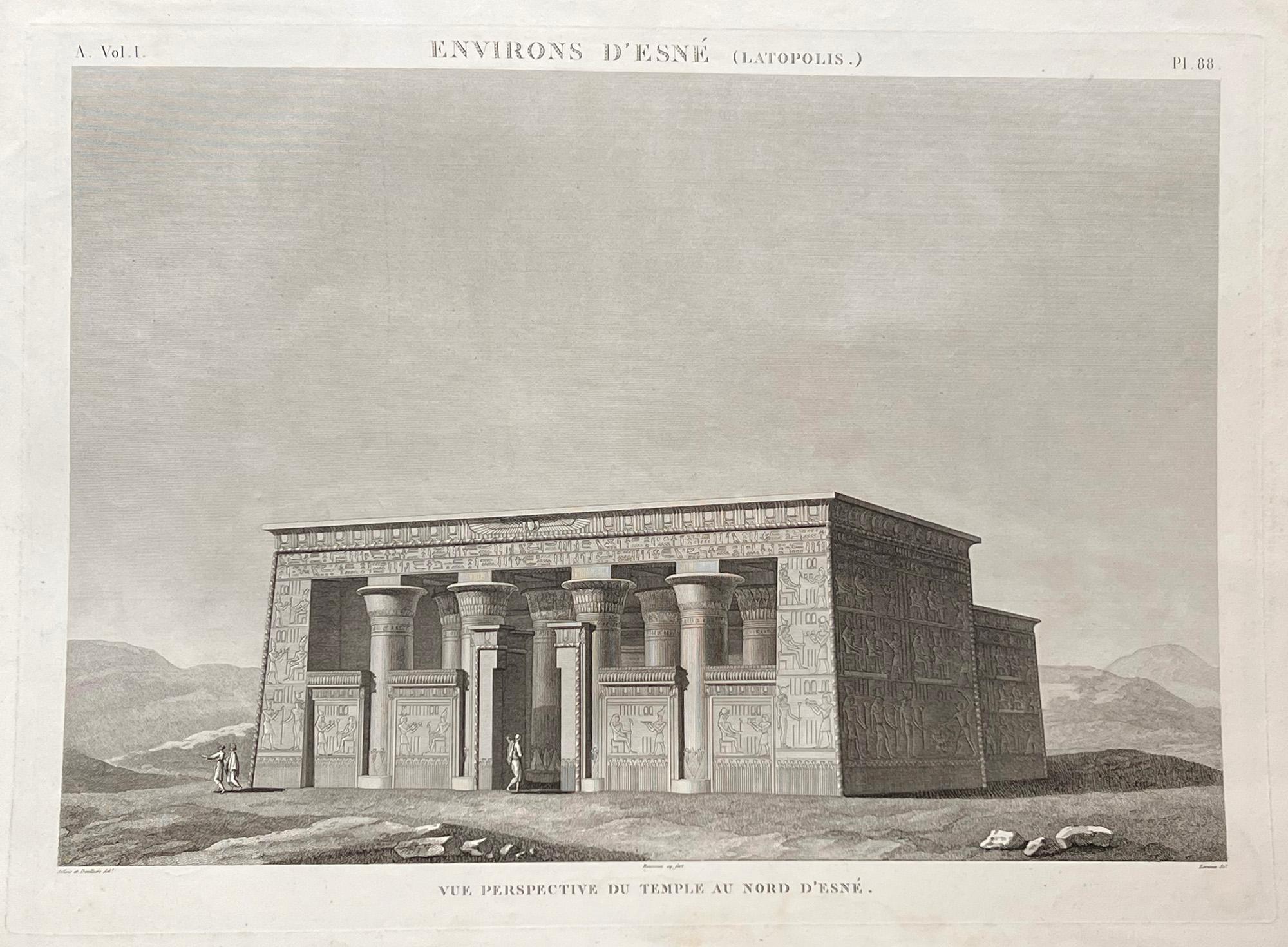 Landscape Print de Unknown - Templo de Esne, Egipto. Grabado de la Descripción de Egipto de Napoleón, 1820