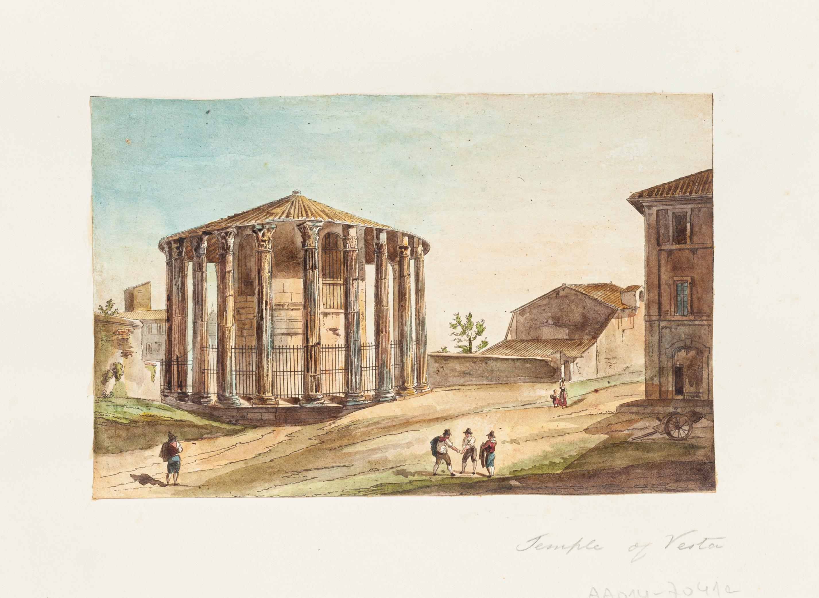 Temple de Vesta  - Aquarelle d'origine réalisée à la main - XIXe siècle