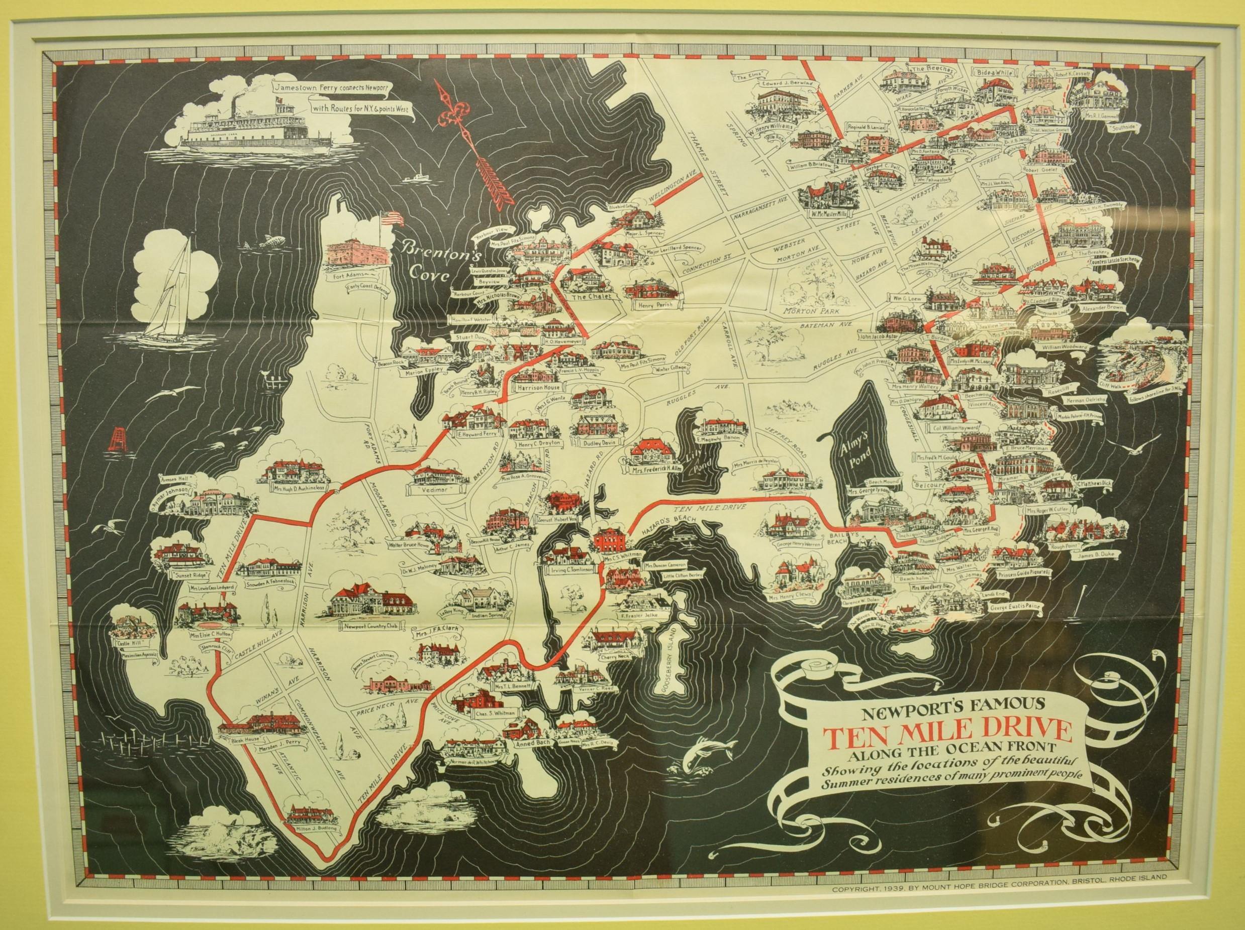 Map „Newport's Famous Ten Mile Drive“ von 1939 (Sonstige Kunststile), Print, von Unknown