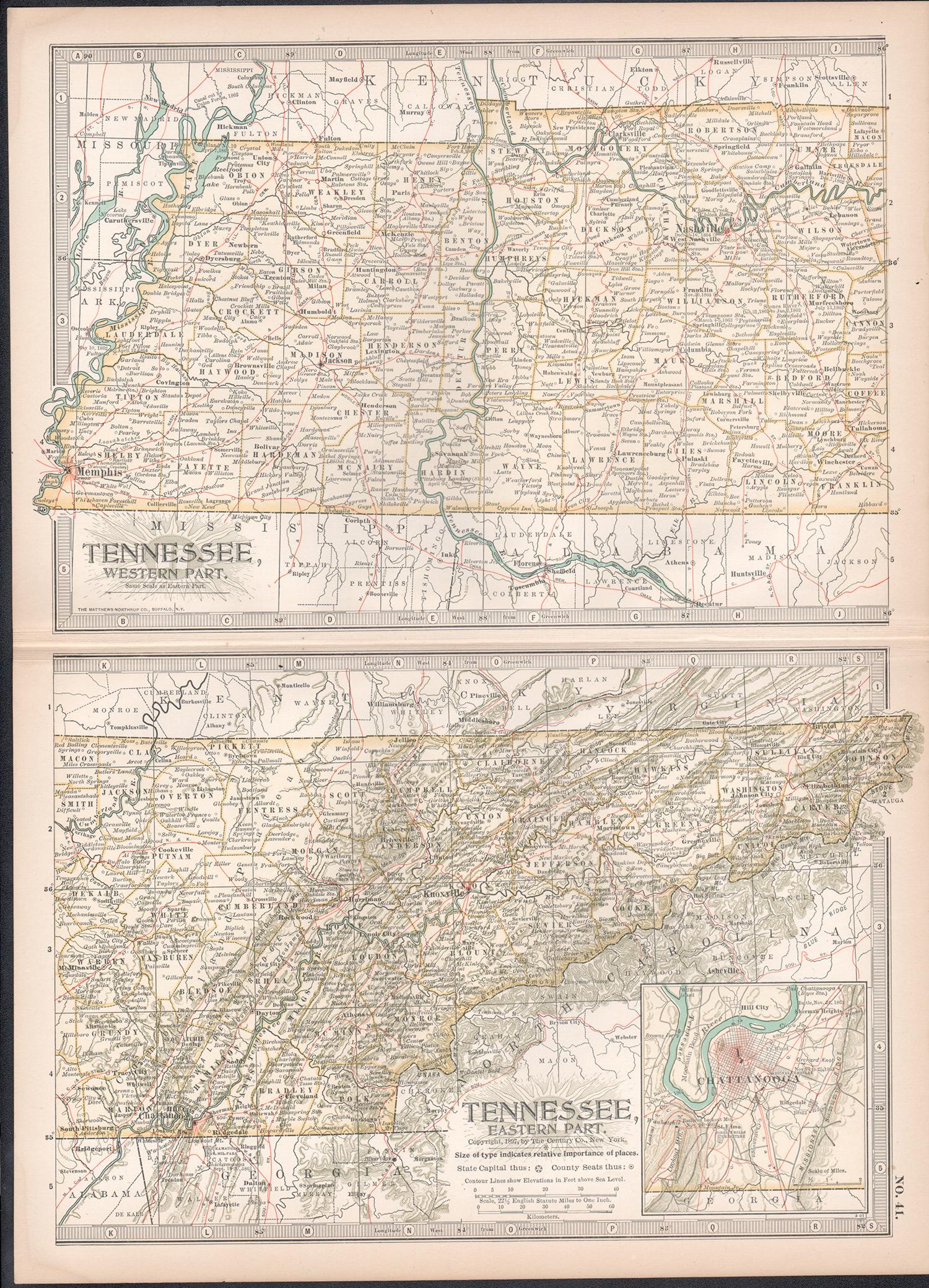 Tennessee. Atlante degli Stati Uniti d'America mappa antica d'epoca - Print di Unknown