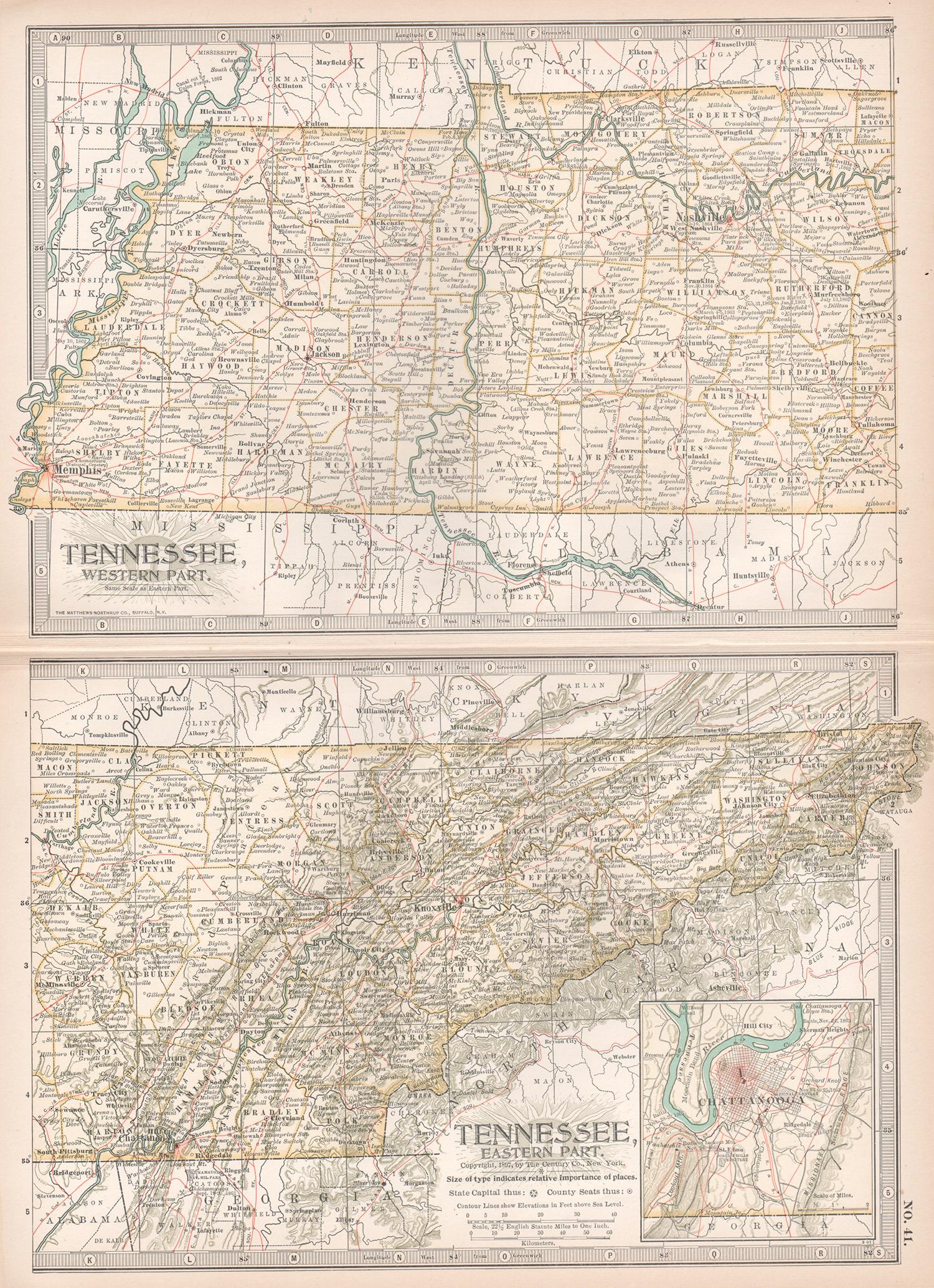 Tennessee. USA Century Atlas state antique vintage map