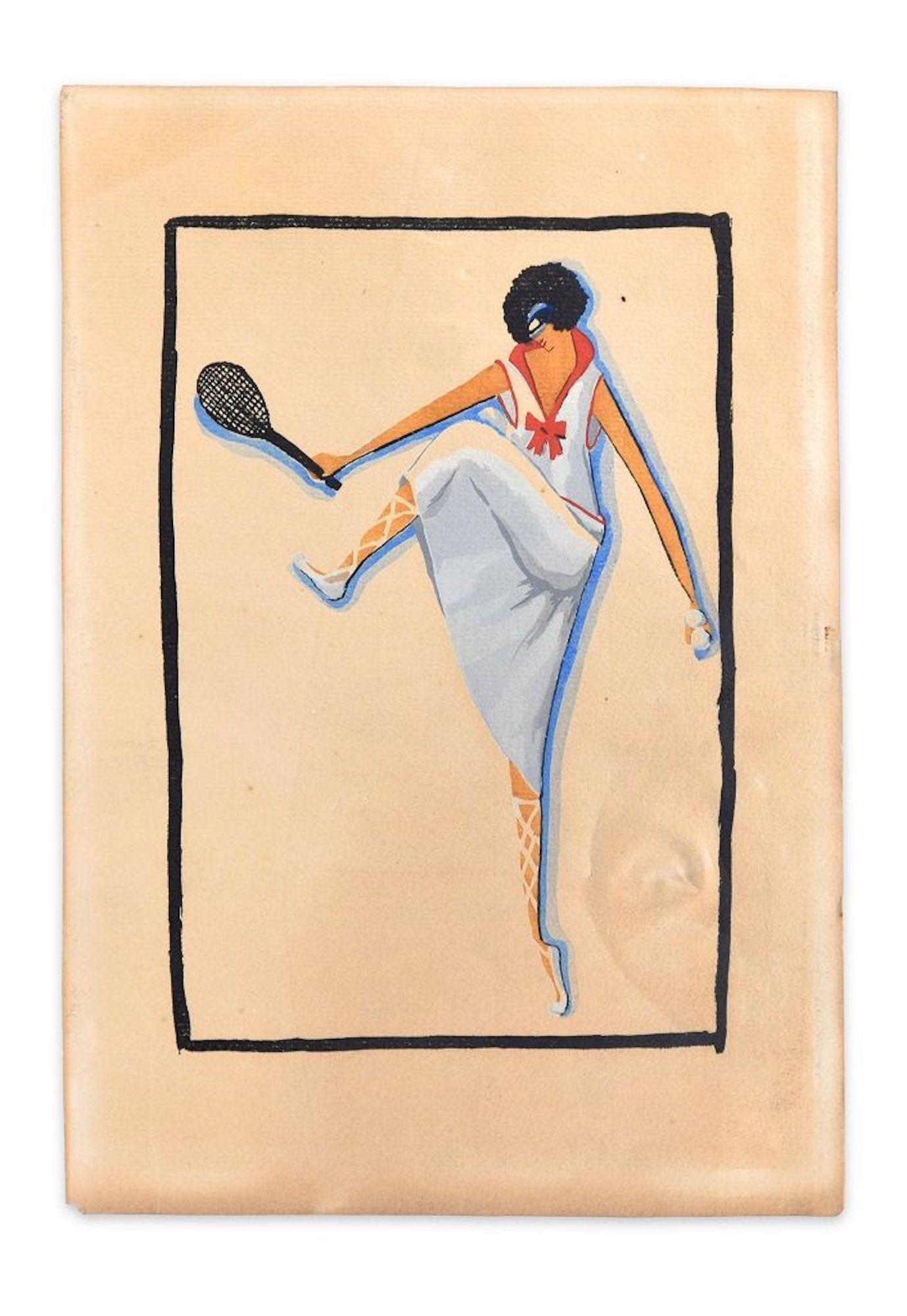 Tennis Player / Woodcut Hand Colored in Tempera on Paper - Art Deco - 1920s – Print von Unknown