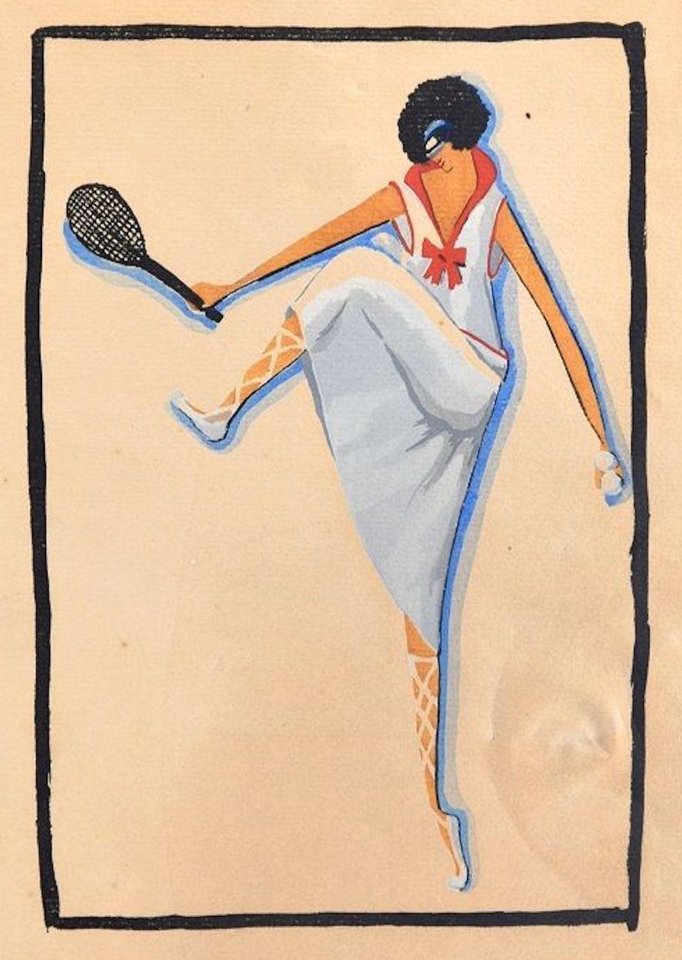 Unknown Figurative Print – Tennis Player / Woodcut Hand Colored in Tempera on Paper - Art Deco - 1920s