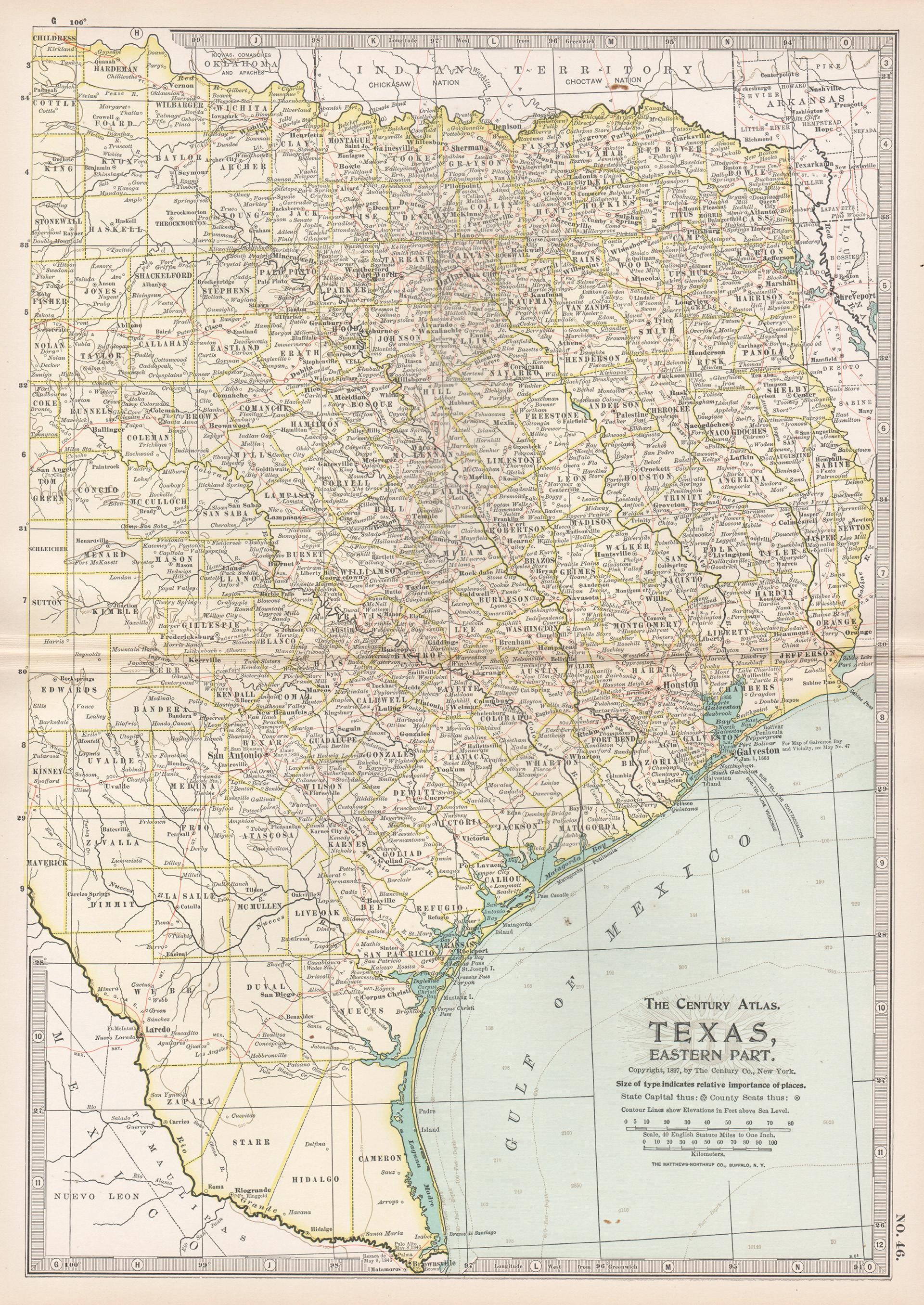 Texas, partie orientale. USA. Carte ancienne de l'État d'Atlas du siècle dernier