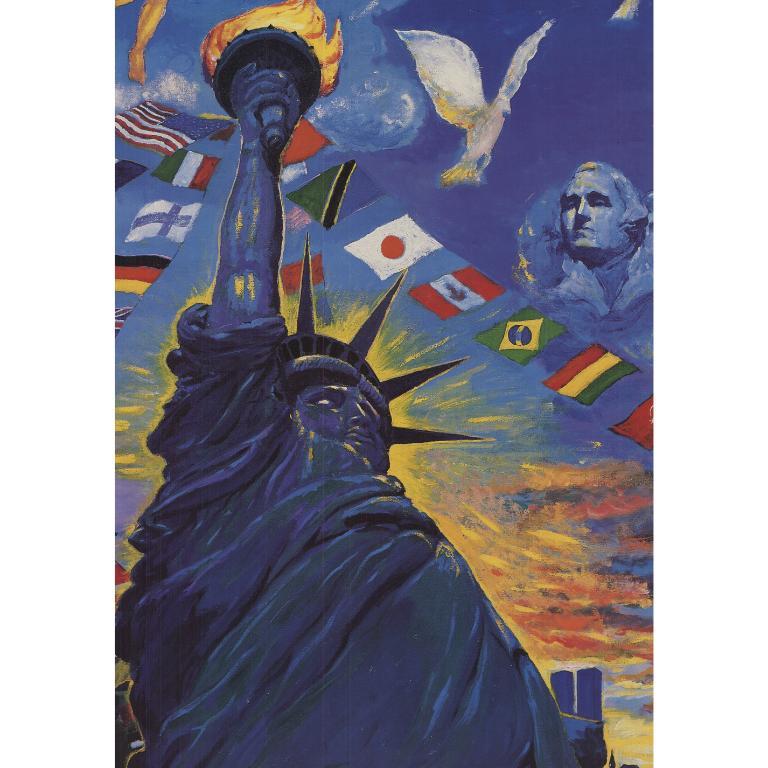Questo poster originale è stato creato dal cinese-americano di New York T&T. Chen per il Centenario della Statua della Libertà nel 1986. L'uso caratteristico di Chen di colori vivaci e audaci fa da sfondo alla maestosa statua, circondata dalle