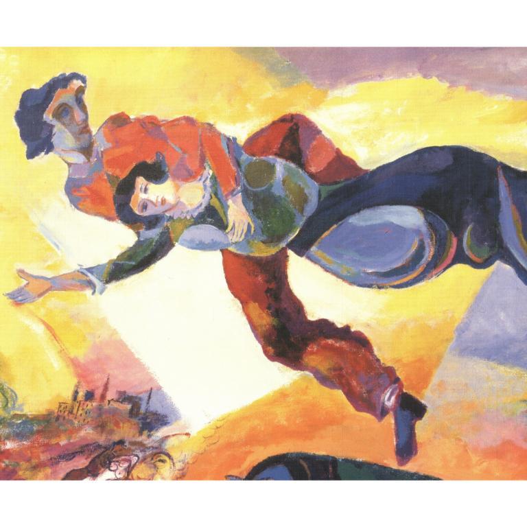 Cette vibrante reproduction de l'artiste sino-américain TF Chen réimagine les couples oniriques emblématiques de Marc Chagall en hommage à la Statue de la Liberté de New York. L'œuvre représente les figures volantes caractéristiques de Chagall,